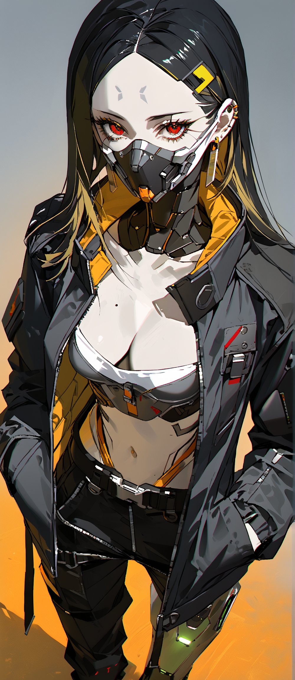 SCORE_9, SCORE_8_UP, SCORE_7_UP, SCORE_6_UP,

MASTERPIECE, BEST QUALITY, HIGH QUALITY, 
HIGHRES, ABSURDRES,
INTRICATE DETAILS, ULTRA-DETAILED,
NEWEST, AESTHETIC,

yellow_background, 1girl, solo, jacket, long_hair, mouth_mask, breasts, looking_at_viewer, red_eyes, zipper, open_clothes, covered_mouth, mask, pants, forehead, cyberpunk, cleavage, large_breasts, navel, simple_background, open_jacket, midriff, medium_breasts, upper_body, zipper_pull_tab, long_sleeves, black_pants, orange_background, earrings, eyelashes, collarbone, jewelry, hands_in_pockets, belt, multicolored_hair, urban theme, urban techwear, futuristic, cyborg, forehead, ((((top_view, dutch_angle))))