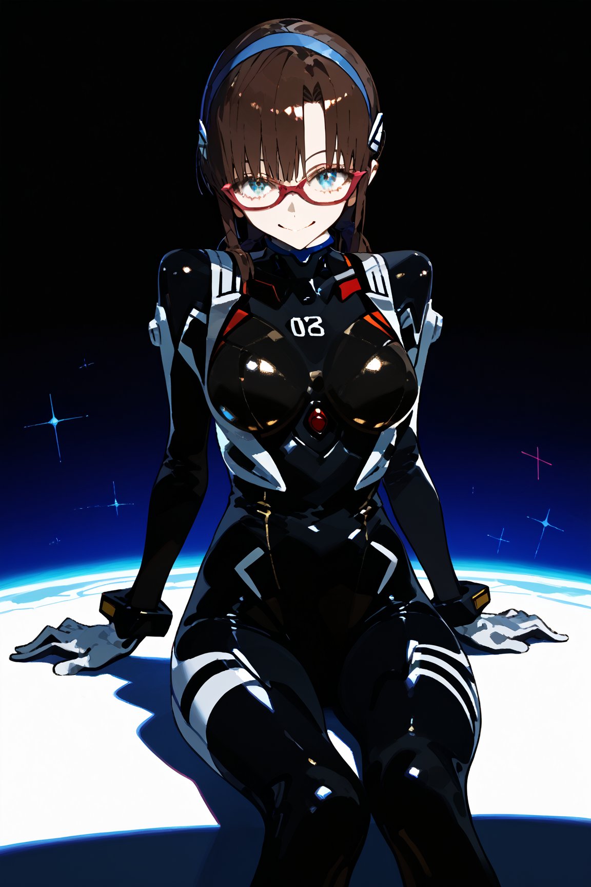 SCORE_9, SCORE_8_UP, SCORE_7_UP, SCORE_6_UP,

MASTERPIECE, BEST QUALITY, HIGH QUALITY, 
HIGHRES, ABSURDRES, PERFECT COMPOSITION,
INTRICATE DETAILS, ULTRA-DETAILED,
PERFECT FACE, PERFECT EYES,
NEWEST, AESTHETIC,

bodysuit, 1girl, glasses, plugsuit, long_hair, makinami_mari_illustrious, solo, sitting, hairband, looking_at_viewer, breasts, smile, bangs, twintails, white_bodysuit, low_twintails, gloves, aqua_eyes, pilot_suit, interface_headset, brown_hair, wariza, blue_eyes, red-framed_eyewear, blue_hairband, number, medium_breasts, large_breasts, shiny_hair, seiza, arm_support, full_body, shiny, skin_tight, mari makinami, ((black_bodysuit)), alternate_costume, (simple_background),