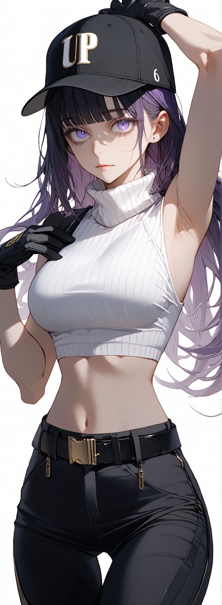 SCORE_9, SCORE_8_UP, SCORE_7_UP, SCORE_6_UP,

MASTERPIECE, BEST QUALITY, HIGH QUALITY, 
HIGHRES, ABSURDRES, PERFECT COMPOSITION,
INTRICATE DETAILS, ULTRA-DETAILED,
PERFECT FACE, PERFECT EYES,
NEWEST, AESTHETIC,

1girl, breasts, navel, baseball_cap, armpits, long_hair, black_pants, pants, black_headwear, crop_top, bare_shoulders, sleeveless, midriff, looking_at_viewer, solo, hat, bangs, gloves, stomach, sidelocks, black_gloves, large_breasts, cowboy_shot, arm_up, pouch, ponytail, blue_eyes, gradient_background, gradient, standing, thigh_strap, sleeveless_shirt, bare_arms, large_breasts, belt, white_background, black_hair, purple_hair, turtleneck, pants, black_pants, skin_tight, big_hips, large_hips,

(bags_under_eyes), no pupils, blank_eyes,