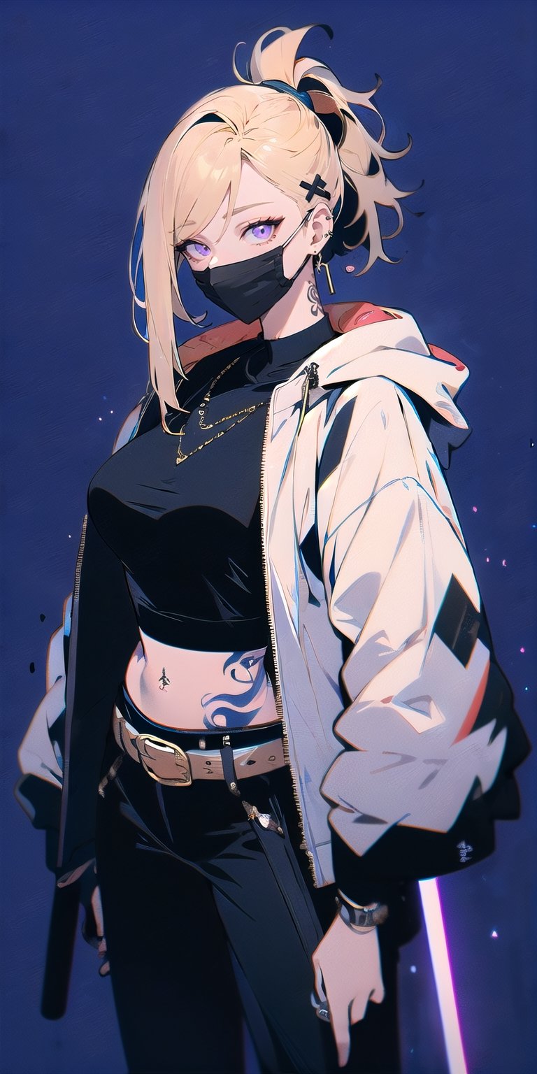 BEST QUALITY, HIGHRES, ABSURDRES, HIGH_RESOLUTION, MASTERPIECE, SUPER DETAIL, HYPER DETAIL, INTRICATE_DETAILS, PERFECTEYES, DARK EYELASHES, EYELINER, SOFT GLOWING EYES, 64K

1girl, solo, long hair, blonde hair, black hair, navel, holding, jewelry, jacket, ponytail, weapon, multicolored hair, cowboy shot, earrings, midriff, belt, pants, sword, holding weapon, crop top, tattoo, thigh strap, mask, holding sword, black pants, piercing, white jacket, katana, sheath, ear piercing, cropped jacket, sheathed, mouth mask, over shoulder, weapon over shoulder, sword over shoulder, neon purple background, simple_background, mature_female, 