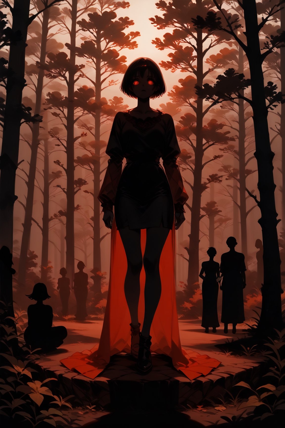 SCORE_9, SCORE_8_UP, SCORE_7_UP, SCORE_6_UP,

BEST QUALITY, HIGHRES, ABSURDRES,
MASTERPIECE, VERY AESTHETIC, 
INTRICATE DETAILS, PERFECTEYES,

red theme, horror theme, forest background,
1girl, (silhouette:1.4), backlighting, glowing eyes, 
facing_viewer, full_body, shadows,