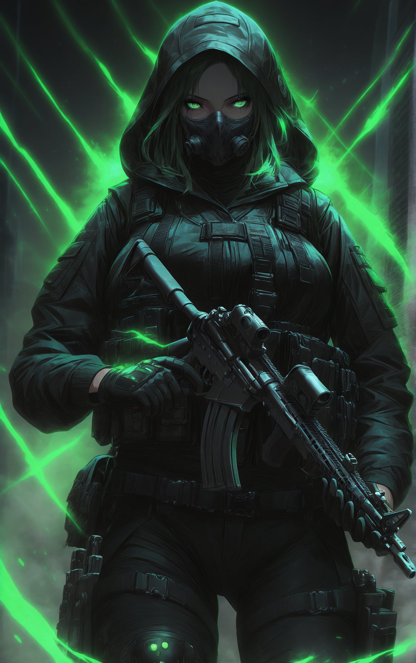 SCORE_9, SCORE_8_UP, SCORE_7_UP, SCORE_6_UP,

MASTERPIECE, BEST QUALITY, HIGH QUALITY, 
HIGHRES, ABSURDRES, PERFECT COMPOSITION,
INTRICATE DETAILS, ULTRA-DETAILED,
PERFECT FACE, PERFECT EYES,
NEWEST, 

1girl, rating:safe, ar-15, m4_carbine, M16 Rifle series, h&k_hk416, holding, holding_weapon, black gloves, standing, pants, green_hair, holding_gun, (eye_glow:1.4), military, uniform, buckles, vest, load_bearing_vest, military_operator, (black_hooded_jacket, hood, hood_up), mask, cowboy_shot, black_pants, trigger_discipline, dark theme, neon green color, biohazard symbol,  (shaded_face:1.4), night, call_of_duty, black ops, holster, boots, knee_pads, magazine_\(weapon\), smoke effect,