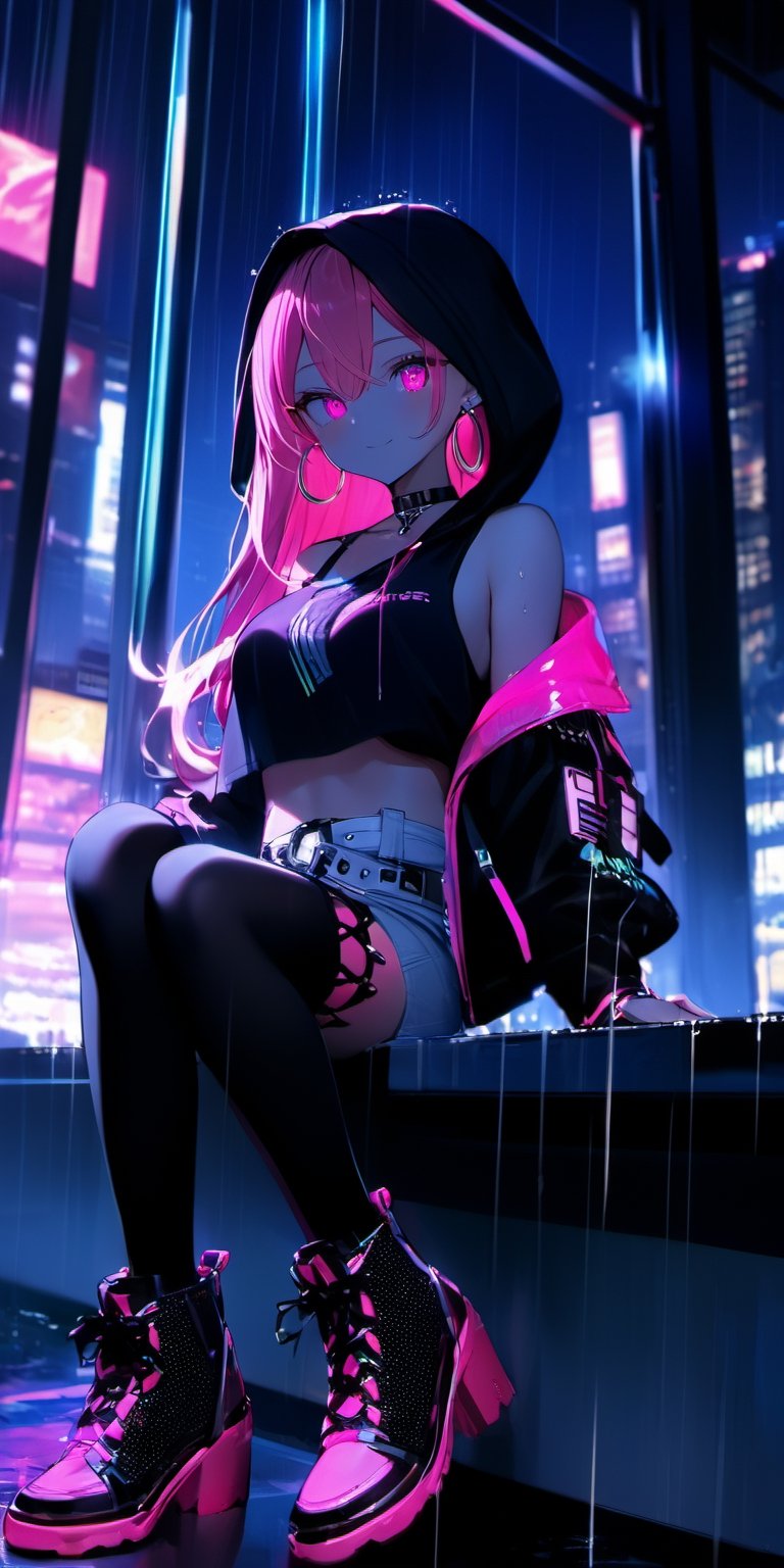 BEST QUALITY, HIGHRES, ABSURDRES, HIGH_RESOLUTION, MASTERPIECE, SUPER DETAIL, HYPER DETAIL, INTRICATE_DETAILS, PERFECTEYES, DARK EYELASHES, EYELINER, SOFT GLOWING EYES, 64K, SCORE_9,

1girl, long_hair, jacket, pink_hair, midriff, crop_top, solo, looking_at_viewer, shoes, building, sitting, belt, weapon, black_shirt, shorts, hood, smile, nail_polish, long_sleeves, boots, black_shorts, choker, full_body, holding, bare_shoulders, jewelry, backlighting, sneakers, shirt, navel, pantyhose, breasts, pink_footwear, black_legwear, pink_jacket, off_shoulder, outdoors, skyscraper, open_jacket, hair_between_eyes, pink_eyes, from_below, open_clothes, night, pants, closed_mouth, stairs, pink_nails, sword, multicolored_hair, earrings, bangs, neon_lights, virtual_youtuber, lace-up_boots, city, window, black_pants, hat, medium_breasts, black_footwear, holding_weapon, collarbone, hood_up, sleeveless_shirt, indoors, railing, stomach, sleeveless, white_jacket, short_shorts, black_jacket, thighhighs, blush, cityscape, chain, cross-laced_footwear, long_legs, blurry, eyebrows_visible_through_hair, crossed_legs, black_skirt, skirt, ground_vehicle, puffy_sleeves, crop_top_overhang, sidelocks, high_heels, day, leaning_back, sleeves_past_wrists, rain, mole, black_choker, large_breasts, bag, hoop_earrings, shadow, white_belt, purple_eyes, ring, depth_of_field, darker, english-text on legwear, glow_in_the_dark, glow,