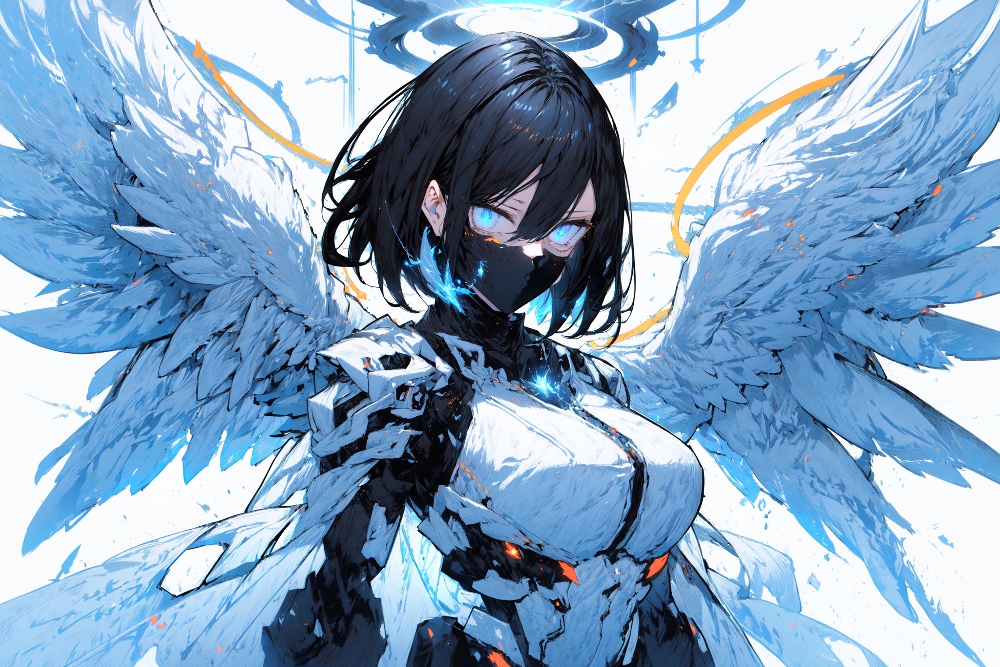 (1girls:1.4), (white_background:1.4), (simple_background:1.4),

dynamic_angle, tyndall effect, volumetric lighting, looking_at_viewer, full_body, bright_theme, niji, clear_lines

short-hair, black-hair, Pale_skin, big_breasts, sharp_face, multicolored_eye, angelic angel, eyeshadow, eyeliner, Eyelash, from_side, expressive eyes, perfect blue glowing_eyes, cyberpunk, bright angelic mecha armor, determined_face, damaged, glowing around body, aura, energy, beam, white plugsuits, white exoskeleton suit, tall, halo, holyness, energy wings, blue_eyes, white clothing, mecha mask, abs

(best quality:1.4), (highres:1.4), (high_resolution:1.4), (masterpiece:1.4), sidelighting, super detail, hyper detail, intricate_details, ligne_claire, perpect face,midjourney,fantasy00d