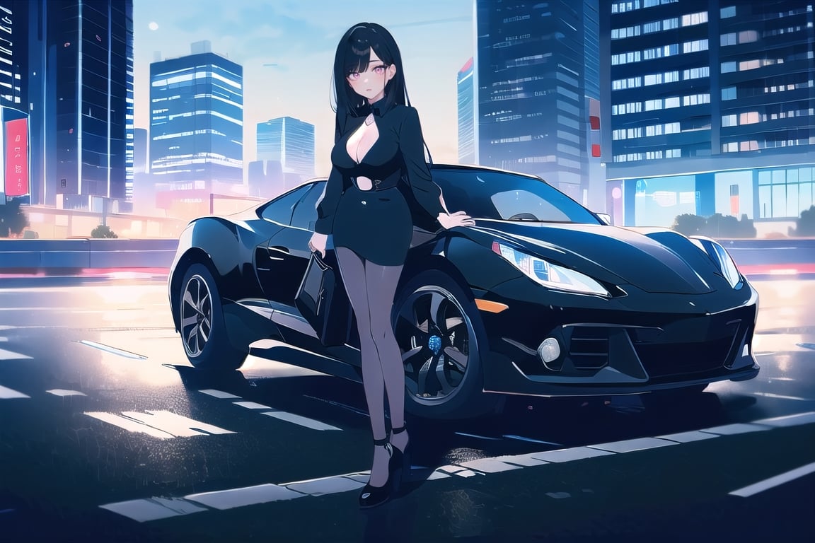 BEST QUALITY, HIGHRES, ABSURDRES, HIGH_RESOLUTION, MASTERPIECE, SUPER DETAIL, HYPER DETAIL, INTRICATE_DETAILS, PERFECTEYES, DARK EYELASHES, EYELINER, SOFT GLOWING EYES, 64K

1girl, solo, long hair, breasts, skirt, black hair, long sleeves, cleavage, sitting, pantyhose, outdoors, day, bag, black footwear, high heels, legs, black pantyhose, black shirt, clothing cutout, cleavage cutout, ground vehicle, building, motor vehicle, handbag, city, car, road, office lady, real world location, sidewalk, hyper_car, sport_car,blue archive