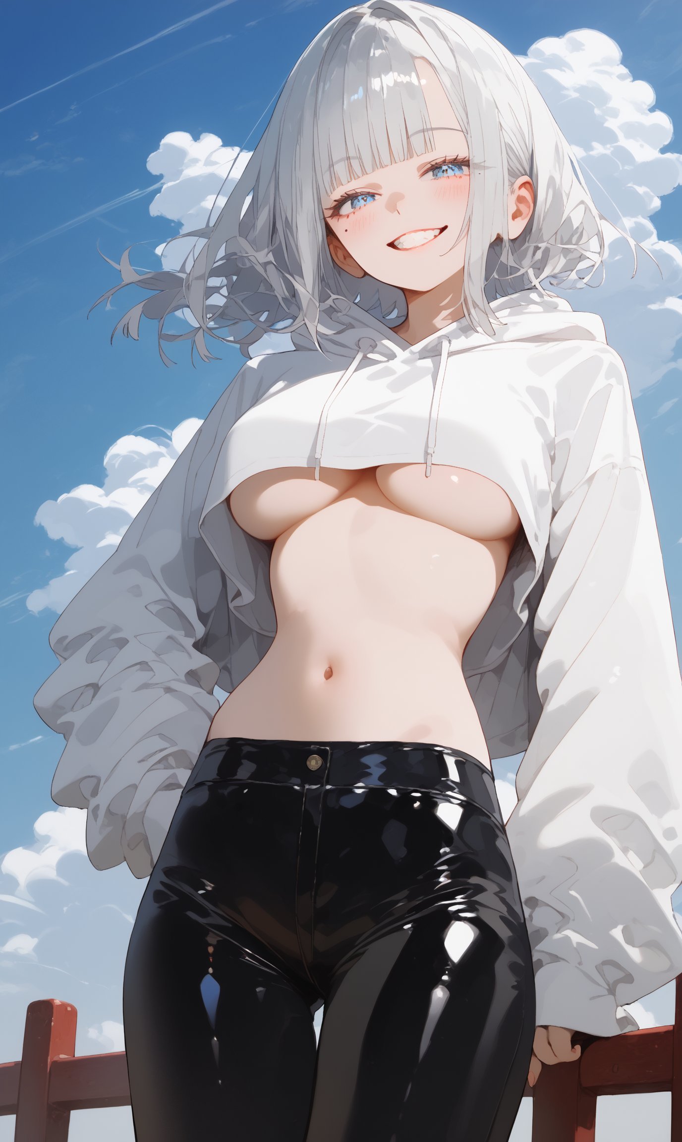 SCORE_9, SCORE_8_UP, SCORE_7_UP, SCORE_6_UP,

MASTERPIECE, BEST QUALITY, HIGH QUALITY, 
HIGHRES, ABSURDRES, PERFECT COMPOSITION,
INTRICATE DETAILS, ULTRA-DETAILED,
PERFECT FACE, PERFECT EYES,
NEWEST, AESTHETIC,

1girl, breasts, long_hair, v, underboob, smile, rating:safe, blue_eyes, solo, silver_hair, blush, bangs, sky, looking_at_viewer, grin, outdoors, large_breasts, pants, from_below, very_long_hair, day, eyebrows_visible_through_hair, long_sleeves, crop_top_overhang, blue_sky, standing, half-closed_eyes, white_shirt, no_bra, sleeves_past_wrists, cowboy_shot, crop_top, teeth, w, cloud, shirt, sidelocks, latex, black_pants, midriff, mole, grey_hair, thighs, looking_down, hand_up, alternate_costume, mole_under_eye, open_mouth, tight, arm_behind_back, medium_breasts, white_hair, railing, cloudy_sky, white_hoodie, multicolored_hair, viewed_from_below,