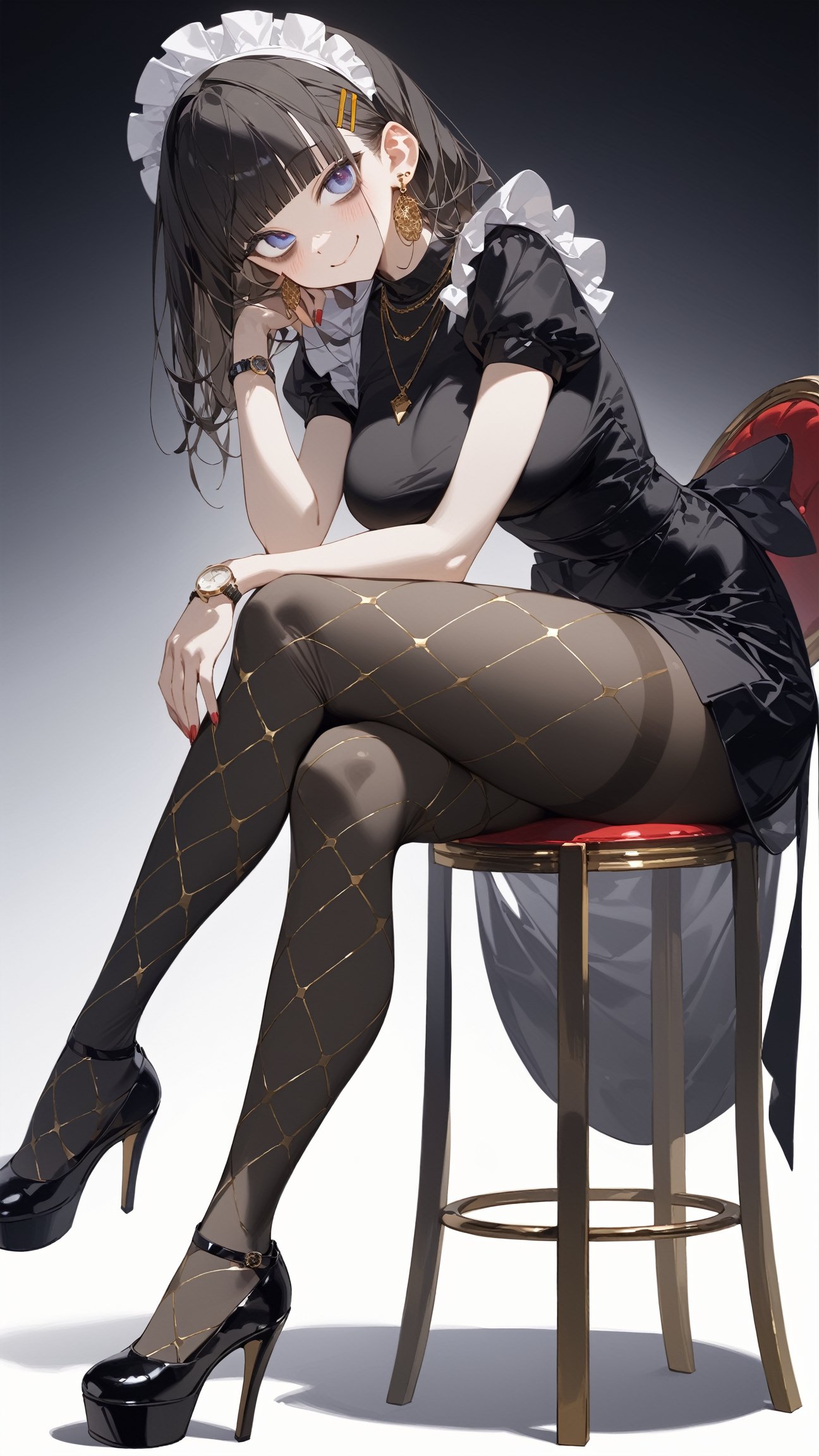 SCORE_9, SCORE_8_UP, SCORE_7_UP, SCORE_6_UP,

MASTERPIECE, BEST QUALITY, HIGH QUALITY, 
HIGHRES, ABSURDRES, PERFECT COMPOSITION,
INTRICATE DETAILS, ULTRA-DETAILED,
PERFECT FACE, PERFECT EYES,
NEWEST, AESTHETIC,

pantyhose, high_heels, 1girl, dress, sitting, looking_at_viewer, black_dress, solo, black_footwear, smile, breasts, short_sleeves, blush, black_legwear, striped, short_dress, eyebrows_visible_through_hair, white_background, thighband_pantyhose, shoes, chair, simple_background, closed_mouth, medium_breasts, stool, alternate_costume, necklace, shoe_dangle, thighs, hand_on_own_knee, side_slit, from_side, large_breasts, watch, leaning_forward, legs, earrings, knee_up, long_legs, black_shirt, head_tilt, platform_footwear, blunt_bangs, sharp teeth, hairclip, argyle pantyhose, red nails, black footwear, maid headdress, bags under eyes,