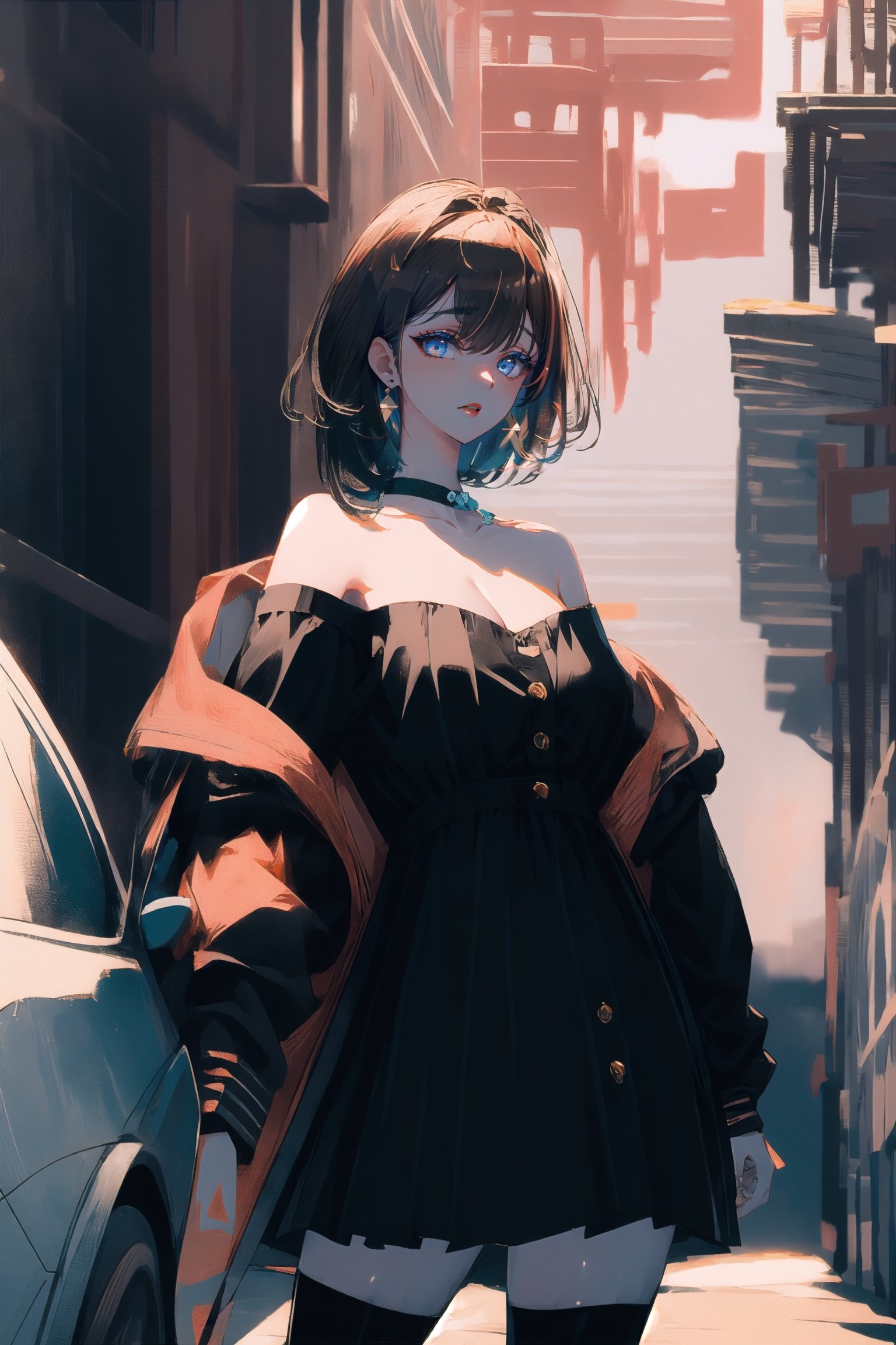 BEST QUALITY, HIGHRES, ABSURDRES, HIGH_RESOLUTION, MASTERPIECE, SUPER DETAIL, HYPER DETAIL, INTRICATE_DETAILS, PERFECTEYES, DARK EYELASHES, EYELINER, SOFT GLOWING EYES, 64K, SCORE_9, SCORE_8_UP, SCORE_7_UP,

1girl, solo, orange_background, thighhighs, earrings, jewelry, bare_shoulders, off_shoulder, long_hair, hand_on_hip, brown_hair, collarbone, dress, breasts, looking_at_viewer, black_dress, simple_background, lips, black_legwear, shiny, medium_breasts, closed_mouth, makeup, brown_eyes, cowboy_shot, off-shoulder_sweater, zettai_ryouiki, nose, standing, long_sleeves, sweater, short_dress, head_tilt, red_lips, off-shoulder_dress, eyelashes, lipstick, realistic, blue_eyes, off-shoulder_shirt, grey_eyes, contrapposto, cleavage, shiny_skin, strapless, see-through,