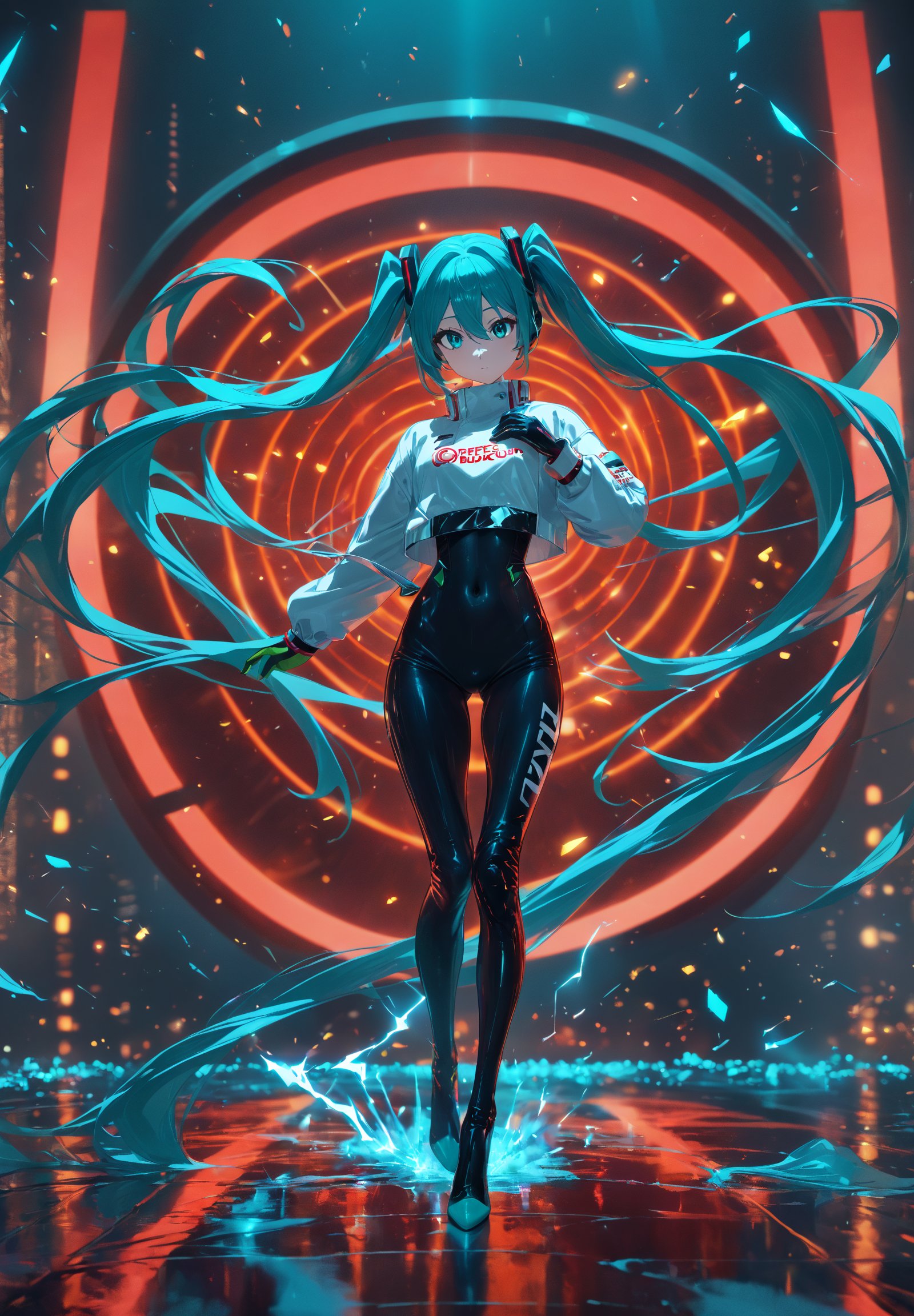 SCORE_9, SCORE_8_UP, SCORE_7_UP, SCORE_6_UP,

MASTERPIECE, BEST QUALITY, HIGH QUALITY, 
HIGHRES, ABSURDRES, PERFECT COMPOSITION,
INTRICATE DETAILS, ULTRA-DETAILED,
PERFECT FACE, PERFECT EYES,
NEWEST, 

Movie Poster page, (promotional poster), Hatsune Miku, 1female, solo, humanoid android, teal hair, teal eyes, white jacket, cropped jacket, long sleeves, two-tone gloves, black gloves, green gloves, black bodysuit, single thighhigh, single thigh boot, concert, Nippon Budokan, glowneon, glowing, sparks, lightning, shadow minimalism, (best quality), (masterpiece), detailed, beautiful detailed eyes, perfect anatomy, perfect body, perfect face, perfect hair, perfect legs, perfect hands, perfect arms, perfect fingers, detailed hair, detailed face, detailed eyes, detailed clothes, detailed skin, ultra-detailed, (full body), (upper body), (top quality), pop art, extremely detailed, extremely detailed CG, (high resolution), highly detailed, (high quality), (perfect quality), (glitchcore colors), racingmiku2022,