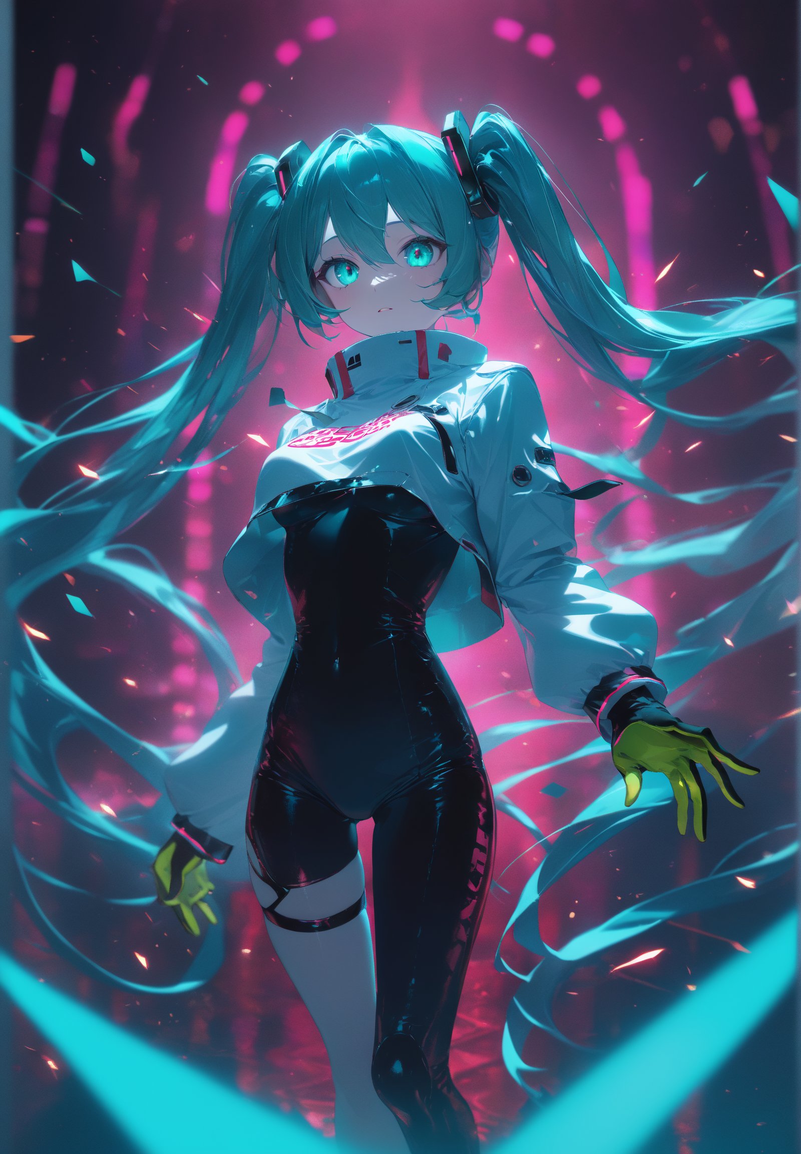 SCORE_9, SCORE_8_UP, SCORE_7_UP, SCORE_6_UP,

MASTERPIECE, BEST QUALITY, HIGH QUALITY, 
HIGHRES, ABSURDRES, PERFECT COMPOSITION,
INTRICATE DETAILS, ULTRA-DETAILED,
PERFECT FACE, PERFECT EYES,
NEWEST, 

Movie Poster page, (promotional poster), Hatsune Miku, 1female, solo, humanoid android, teal hair, teal eyes, white jacket, cropped jacket, long sleeves, two-tone gloves, black gloves, green gloves, black bodysuit, single thighhigh, single thigh boot, concert, Nippon Budokan, glowneon, glowing, sparks, lightning, shadow minimalism, (best quality), (masterpiece), detailed, beautiful detailed eyes, perfect anatomy, perfect body, perfect face, perfect hair, perfect legs, perfect hands, perfect arms, perfect fingers, detailed hair, detailed face, detailed eyes, detailed clothes, detailed skin, ultra-detailed, (full body), (upper body), (top quality), pop art, extremely detailed, extremely detailed CG, (high resolution), highly detailed, (high quality), (perfect quality), (glitchcore colors), racingmiku2022,