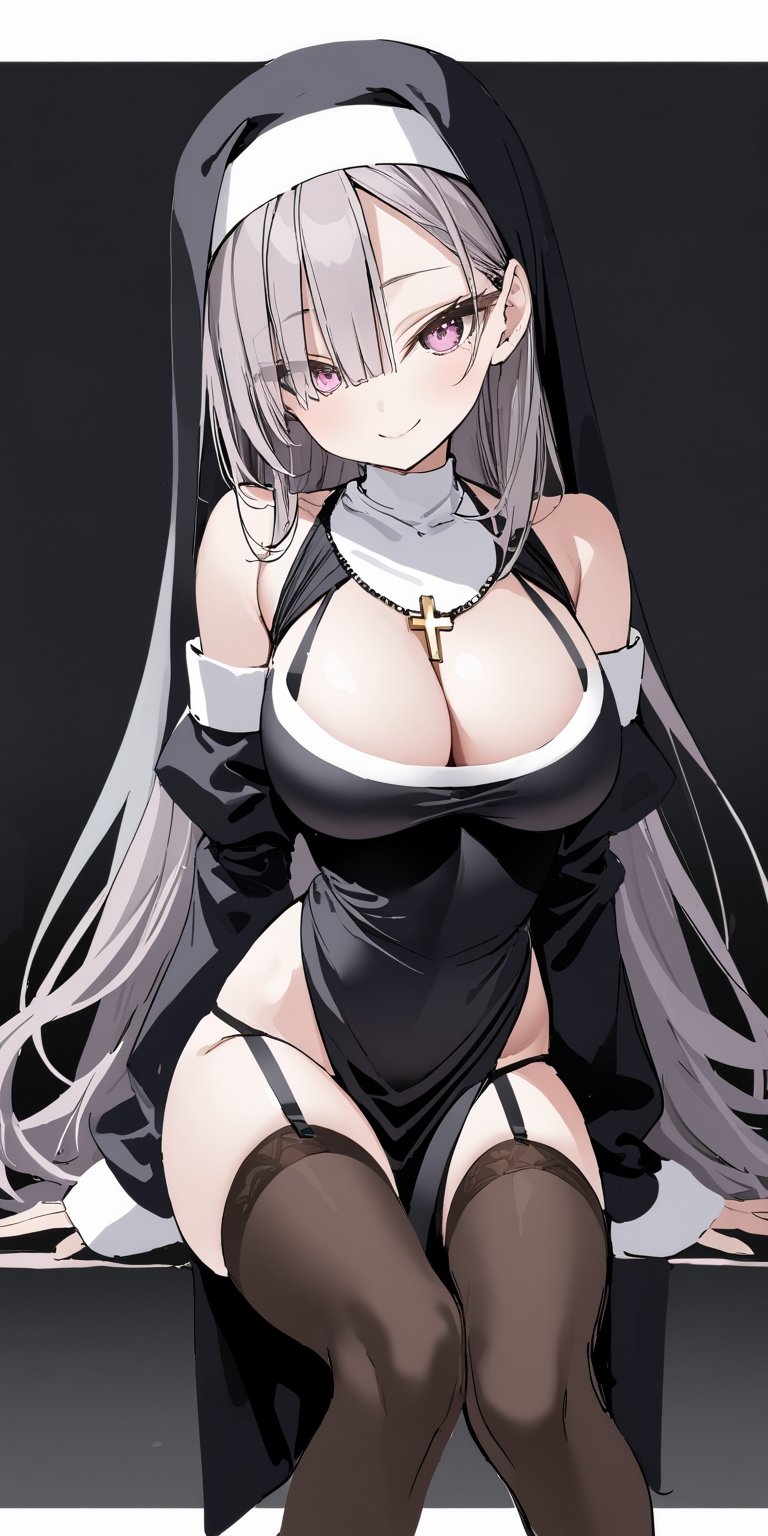 BEST QUALITY, HIGHRES, ABSURDRES, HIGH_RESOLUTION, MASTERPIECE, SUPER DETAIL, HYPER DETAIL, INTRICATE_DETAILS, PERFECTEYES, DARK EYELASHES, EYELINER, SOFT GLOWING EYES, 64K, SCORE_9,

1girl, nun, long_hair, black_hair, habit, breasts, high_heels, thighhighs, sitting, large_breasts, looking_at_viewer, bare_shoulders, black_footwear, pink_hair, smile, detached_sleeves, dress, solo, pink_eyes, black_legwear, cleavage, sleeves_past_wrists, blush, very_long_hair, piercing, long_sleeves, black_dress, closed_mouth, bangs, multicolored_hair, cross, jewelry, full_body, brown_legwear, shoes, garter_straps, purple_eyes, swimsuit, eyebrows_visible_through_hair, fishnets, blue_hair, hair_between_eyes, between_legs, grey_hair, red_eyes, hood, bikini, necklace, sleeves_past_fingers, sleeveless, sketch, pelvic_curtain, see-through, dark theme,