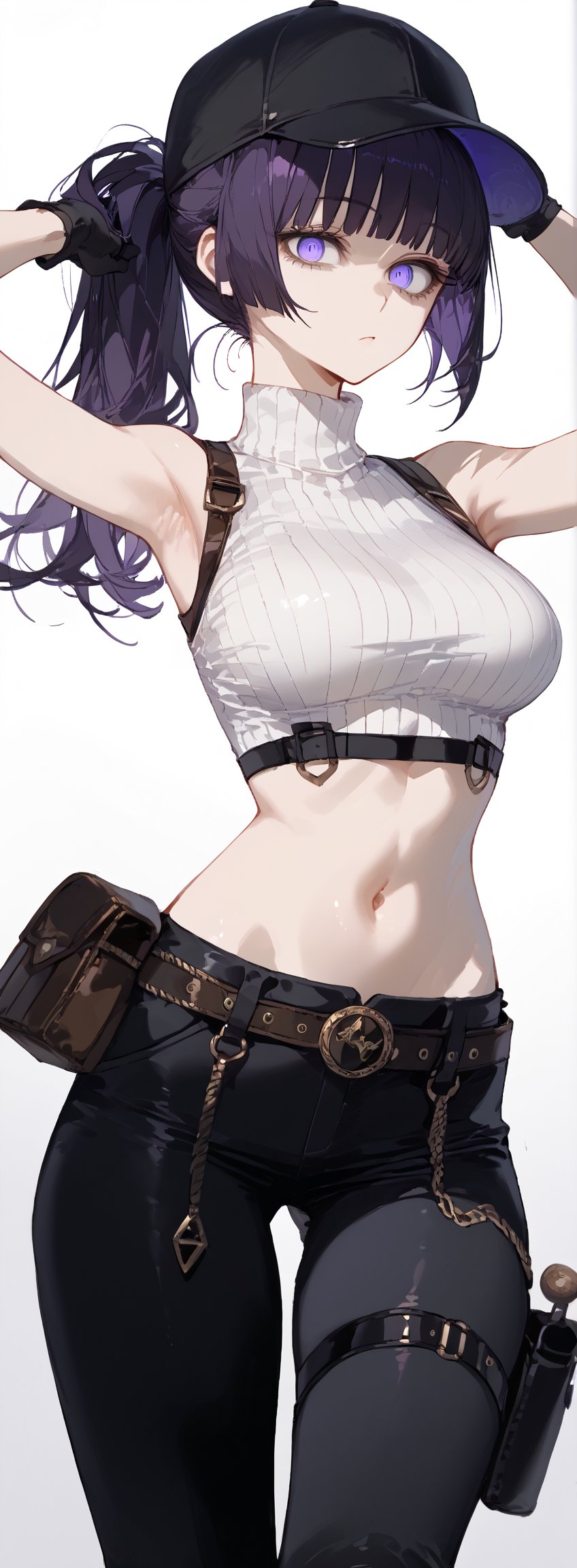 SCORE_9, SCORE_8_UP, SCORE_7_UP, SCORE_6_UP,

MASTERPIECE, BEST QUALITY, HIGH QUALITY, 
HIGHRES, ABSURDRES, PERFECT COMPOSITION,
INTRICATE DETAILS, ULTRA-DETAILED,
PERFECT FACE, PERFECT EYES,
NEWEST, AESTHETIC,

1girl, breasts, navel, baseball_cap, armpits, long_hair, black_pants, pants, black_headwear, crop_top, bare_shoulders, sleeveless, midriff, looking_at_viewer, solo, hat, bangs, gloves, stomach, sidelocks, black_gloves, large_breasts, arm_up, pouch, ponytail, blue_eyes, gradient_background, gradient, standing, thigh_strap, sleeveless_shirt, bare_arms, large_breasts, belt, white_background, black_hair, purple_hair, turtleneck, pants, black_pants, skin_tight, big_hips, large_hips,

(bags_under_eyes), no pupils, blank_eyes,