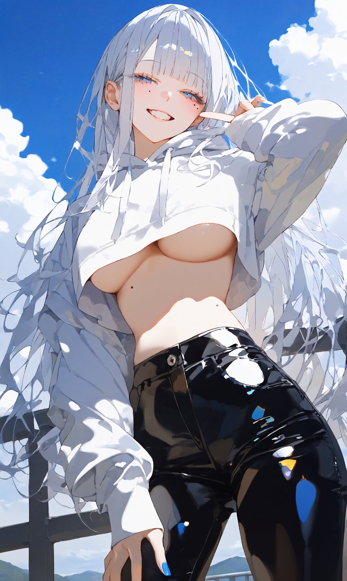 SCORE_9, SCORE_8_UP, SCORE_7_UP, SCORE_6_UP,

MASTERPIECE, BEST QUALITY, HIGH QUALITY, 
HIGHRES, ABSURDRES, PERFECT COMPOSITION,
INTRICATE DETAILS, ULTRA-DETAILED,
PERFECT FACE, PERFECT EYES,
NEWEST, AESTHETIC,

1girl, breasts, long_hair, v, underboob, smile, rating:safe, blue_eyes, solo, silver_hair, blush, bangs, sky, looking_at_viewer, grin, outdoors, large_breasts, pants, from_below, very_long_hair, day, eyebrows_visible_through_hair, long_sleeves, crop_top_overhang, blue_sky, standing, half-closed_eyes, white_shirt, no_bra, sleeves_past_wrists, cowboy_shot, crop_top, teeth, w, cloud, shirt, sidelocks, latex, black_pants, midriff, mole, grey_hair, thighs, looking_down, hand_up, alternate_costume, mole_under_eye, open_mouth, tight, arm_behind_back, medium_breasts, white_hair, railing, cloudy_sky, white_hoodie, multicolored_hair, viewed_from_below,