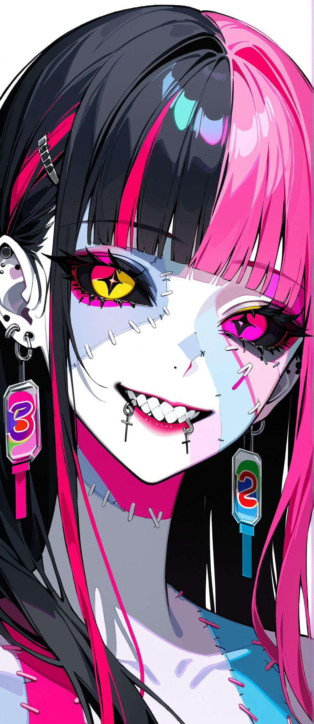 SCORE_9, SCORE_8_UP, SCORE_7_UP, SCORE_6_UP,

MASTERPIECE, BEST QUALITY, HIGH QUALITY, 
HIGHRES, ABSURDRES,
INTRICATE DETAILS, ULTRA-DETAILED,
NEWEST, AESTHETIC,

1girl, solo, looking at viewer, grin, bangs, black hair, jewelry, pink hair, multicolored hair, earrings, teeth, blunt bangs, pink eyes, head tilt, ((mulitcolored skin)), heterochromia, piercing, ear piercing, portrait, (((colored sclera, black sclera))), (((((stitchesd face))))), yellow_eyes, colorful, lip piercing, horrific,