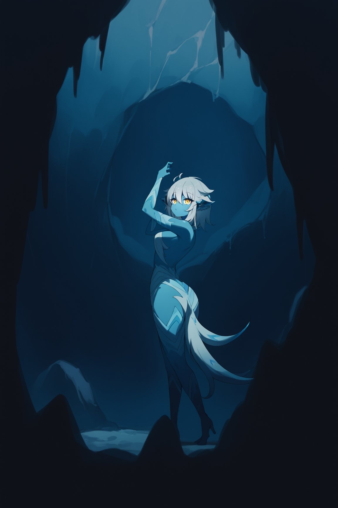 BEST QUALITY, HIGHRES, ABSURDRES, 
MASTERPIECE, SUPER DETAIL, INTRICATE_DETAILS, 
PERFECTEYES, AESTHETIC, 
SCORE_9, SCORE_8_UP, SCORE_7_UP, SCORE_6_UP,

standing in a glacial cave. Relaxed and playful pose, niji style, monster girl, glacial monster girl, blue skin, yellow eyes, half side view, 