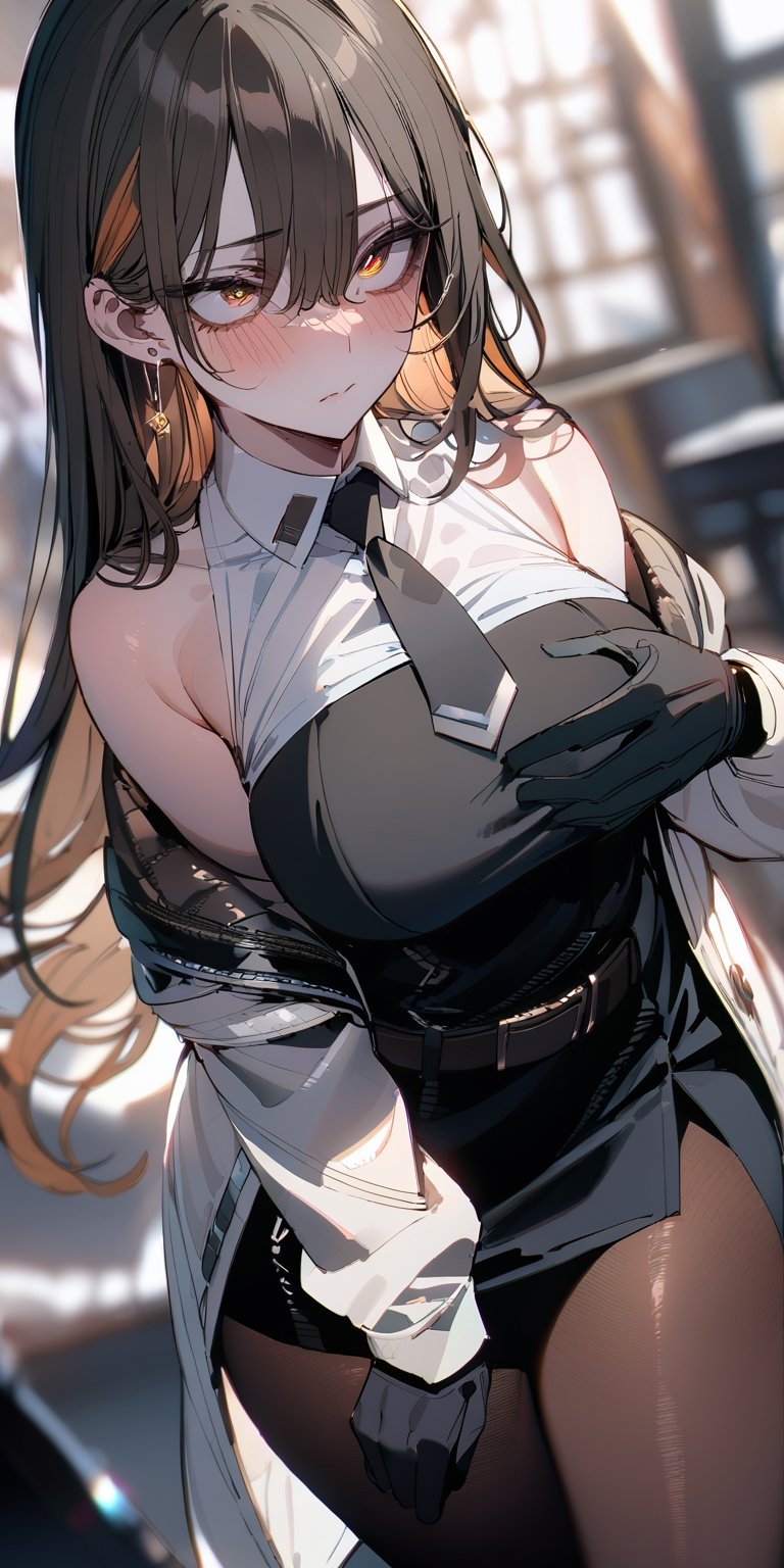 BEST QUALITY, HIGHRES, ABSURDRES, HIGH_RESOLUTION, MASTERPIECE, SUPER DETAIL, HYPER DETAIL, INTRICATE_DETAILS, PERFECTEYES, DARK EYELASHES, EYELINER, SOFT GLOWING EYES, 64K, SCORE_9

1girl, long hair, breasts, blush, bangs, light_brown_eyes, large breasts, shirt, brown hair, gloves, long sleeves, dress, hair between eyes, bare shoulders, jewelry, very long hair, closed mouth, standing, jacket, white shirt, hetero, pantyhose, multicolored hair, earrings, open clothes, black necktie, sleeveless, collared shirt, belt, indoors, black gloves, off shoulder, black dress, blurry, two-tone hair, open jacket, coat, black pantyhose, sleeveless dress, blurry background, grabbing, short dress, white jacket, breast grab, open coat, necktie, collared dress, white coat,