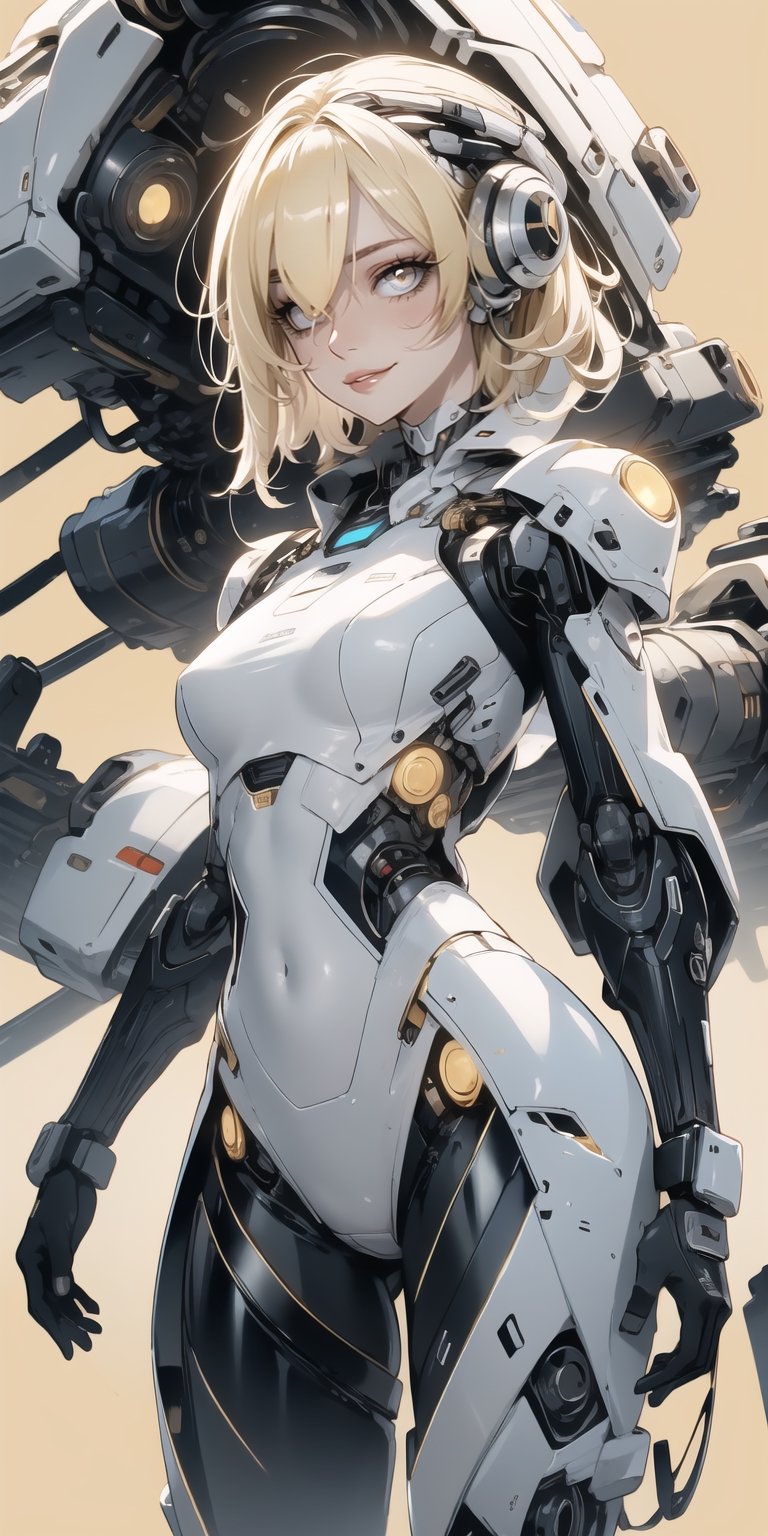 BEST QUALITY, HIGHRES, ABSURDRES, HIGH_RESOLUTION, MASTERPIECE, SUPER DETAIL, HYPER DETAIL, INTRICATE_DETAILS, PERFECTEYES, DARK EYELASHES, EYELINER, SOFT GLOWING EYES, 64K, SCORE_9,

yellow_background, solo, yellow_eyes, breasts, looking_at_viewer, white_hair, bodysuit, cyborg, simple_background, smile, yellow_theme, medium_breasts, long_hair, standing, cyberpunk, covered_navel, cowboy_shot, robot_joints, pale_skin, science_fiction, bangs, hair_over_one_eye, skin_tight, small_breasts, closed_mouth, lips, blush, blonde_hair, glowing, parted_lips,