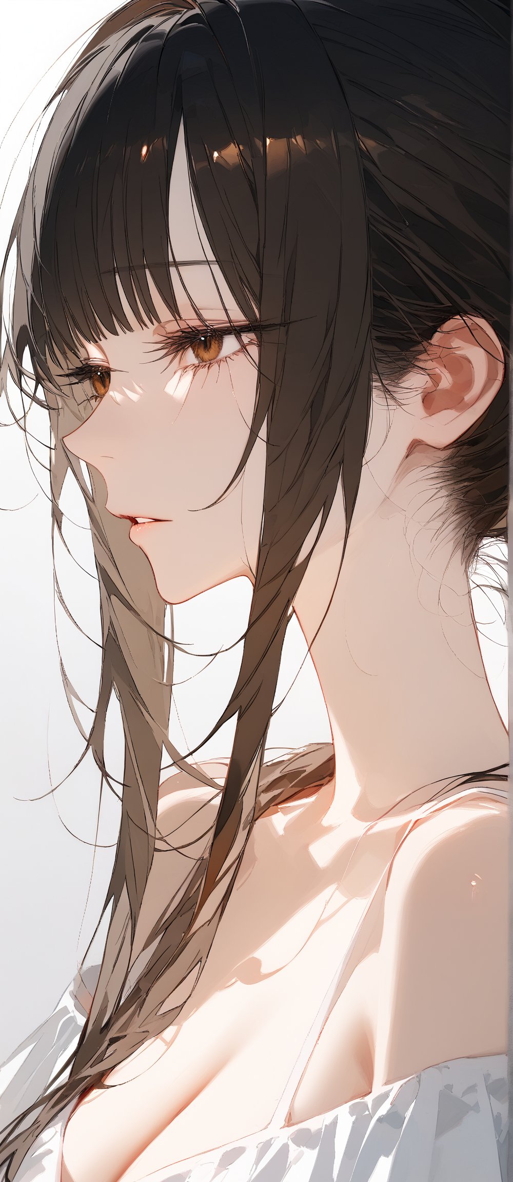 SCORE_9, SCORE_8_UP, SCORE_7_UP, SCORE_6_UP,

MASTERPIECE, BEST QUALITY, HIGH QUALITY, 
HIGHRES, ABSURDRES,
INTRICATE DETAILS, ULTRA-DETAILED,
NEWEST, AESTHETIC,

1girl, profile, ponytail, solo, lips, eyelashes, long_hair, bare_shoulders, from_side, upper_body, cleavage, black_hair, nose, closed_mouth, looking_away, bangs, black_eyes, half-closed_eyes, parted_lips, shirt, brown_eyes, collarbone, brown_hair, off_shoulder, sidelocks,