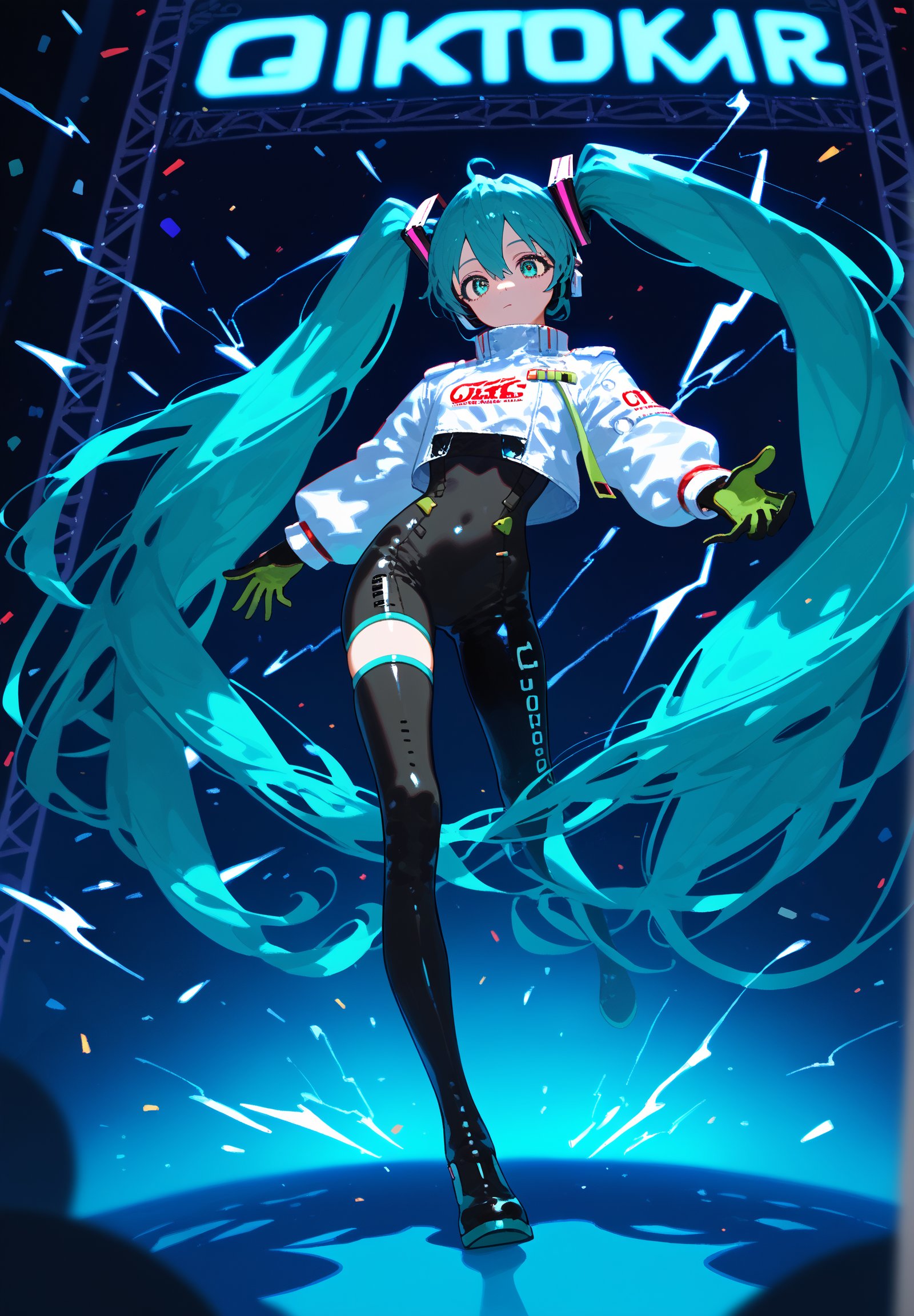 SCORE_9, SCORE_8_UP, SCORE_7_UP, SCORE_6_UP,

MASTERPIECE, BEST QUALITY, HIGH QUALITY, 
HIGHRES, ABSURDRES, PERFECT COMPOSITION,
INTRICATE DETAILS, ULTRA-DETAILED,
PERFECT FACE, PERFECT EYES,
NEWEST, 

Movie Poster page, (promotional poster), Hatsune Miku, 1female, solo, humanoid android, teal hair, teal eyes, white jacket, cropped jacket, long sleeves, two-tone gloves, black gloves, green gloves, black bodysuit, single thighhigh, single thigh boot, concert, Nippon Budokan, glowneon, glowing, sparks, lightning, shadow minimalism, (best quality), (masterpiece), detailed, beautiful detailed eyes, perfect anatomy, perfect body, perfect face, perfect hair, perfect legs, perfect hands, perfect arms, perfect fingers, detailed hair, detailed face, detailed eyes, detailed clothes, detailed skin, ultra-detailed, (full body), (upper body), (top quality), pop art, extremely detailed, extremely detailed CG, (high resolution), highly detailed, (high quality), (perfect quality), (glitchcore colors), racingmiku2022,