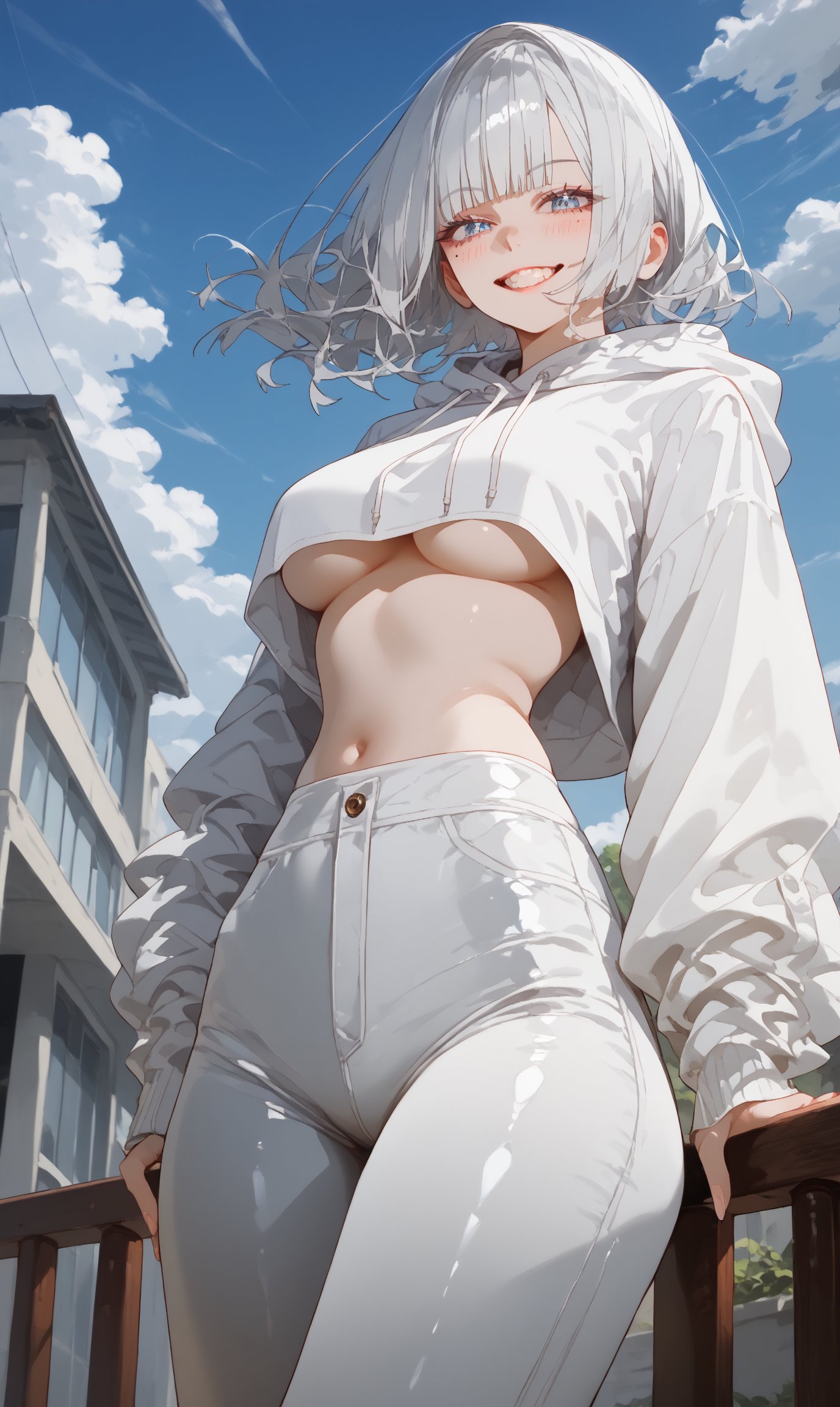 SCORE_9, SCORE_8_UP, SCORE_7_UP, SCORE_6_UP,

MASTERPIECE, BEST QUALITY, HIGH QUALITY, 
HIGHRES, ABSURDRES, PERFECT COMPOSITION,
INTRICATE DETAILS, ULTRA-DETAILED,
PERFECT FACE, PERFECT EYES,
NEWEST, AESTHETIC,

1girl, breasts, long_hair, v, underboob, smile, rating:safe, blue_eyes, solo, silver_hair, blush, bangs, sky, looking_at_viewer, grin, outdoors, large_breasts, pants, from_below, very_long_hair, day, eyebrows_visible_through_hair, long_sleeves, crop_top_overhang, blue_sky, standing, half-closed_eyes, white_shirt, no_bra, sleeves_past_wrists, cowboy_shot, crop_top, teeth, w, cloud, shirt, sidelocks, latex, black_pants, midriff, mole, grey_hair, thighs, looking_down, hand_up, alternate_costume, mole_under_eye, open_mouth, tight, arm_behind_back, medium_breasts, white_hair, railing, cloudy_sky, white_hoodie, multicolored_hair, viewed_from_below,