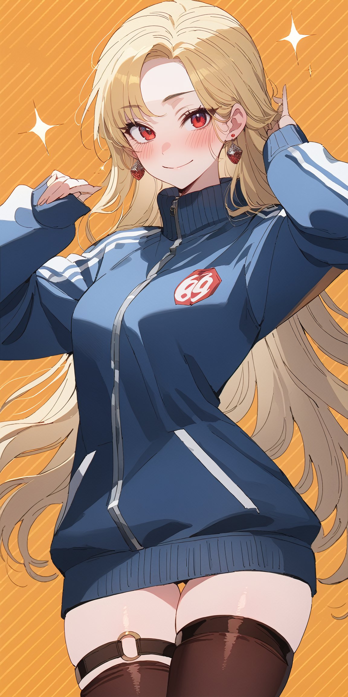 SCORE_9, SCORE_8_UP, SCORE_7_UP, SCORE_6_UP,

MASTERPIECE, BEST QUALITY, HIGH QUALITY, 
HIGHRES, ABSURDRES, PERFECT COMPOSITION,
INTRICATE DETAILS, ULTRA-DETAILED,
PERFECT FACE, PERFECT EYES,
NEWEST, 

long_hair, 1girl, blonde_hair, jacket, thighhighs, red_eyes, solo, blush, full_body, very_long_hair, yellow_background, smile, bangs, looking_at_viewer, black_legwear, track_jacket, long_sleeves, sparkle, two-tone_background, standing, eyebrows_visible_through_hair, multicolored hair, orange_background, breasts, striped_background, sleeves_past_wrists, closed_mouth, black_jacket, parted_bangs, earrings, brown_legwear, striped, thighs, jewelry, thigh_strap, blue_jacket, marin kitagawa, ratatatat74 artstyle,