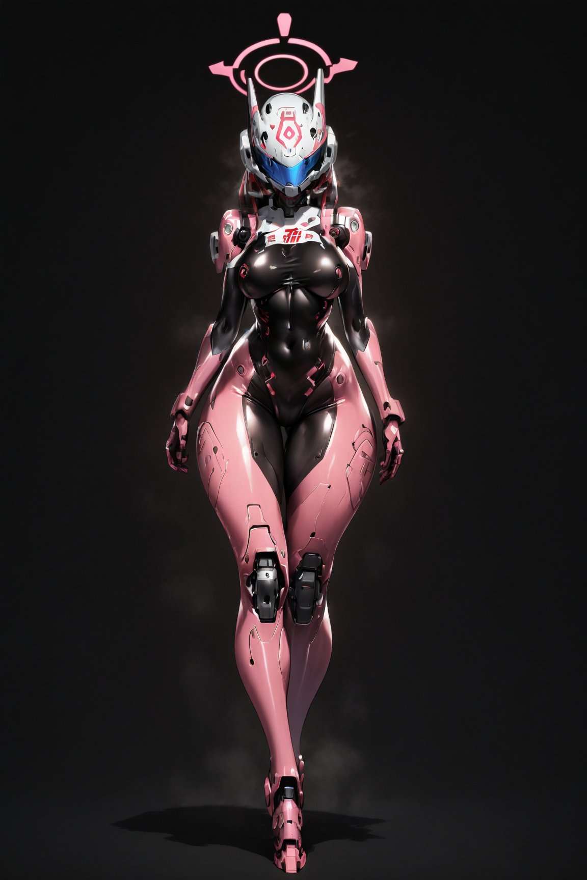 SCORE_9, SCORE_8_UP, SCORE_7_UP, SCORE_6_UP,

BEST QUALITY, HIGHRES, ABSURDRES,
MASTERPIECE, VERY AESTHETIC, 
INTRICATE DETAILS, PERFECTEYES,

1girl, solo, standing, black_background, breasts, helmet, bodysuit, glowing, (full_body:1.4), no_humans, simple_background, medium_breasts, gradient, gradient_background, visor, neon bodysuit, glowing bodysuit, (neon pink bodysuit:0.5), cybernetic helmet, (halo:1.4), gradient bodysuit, cyborg