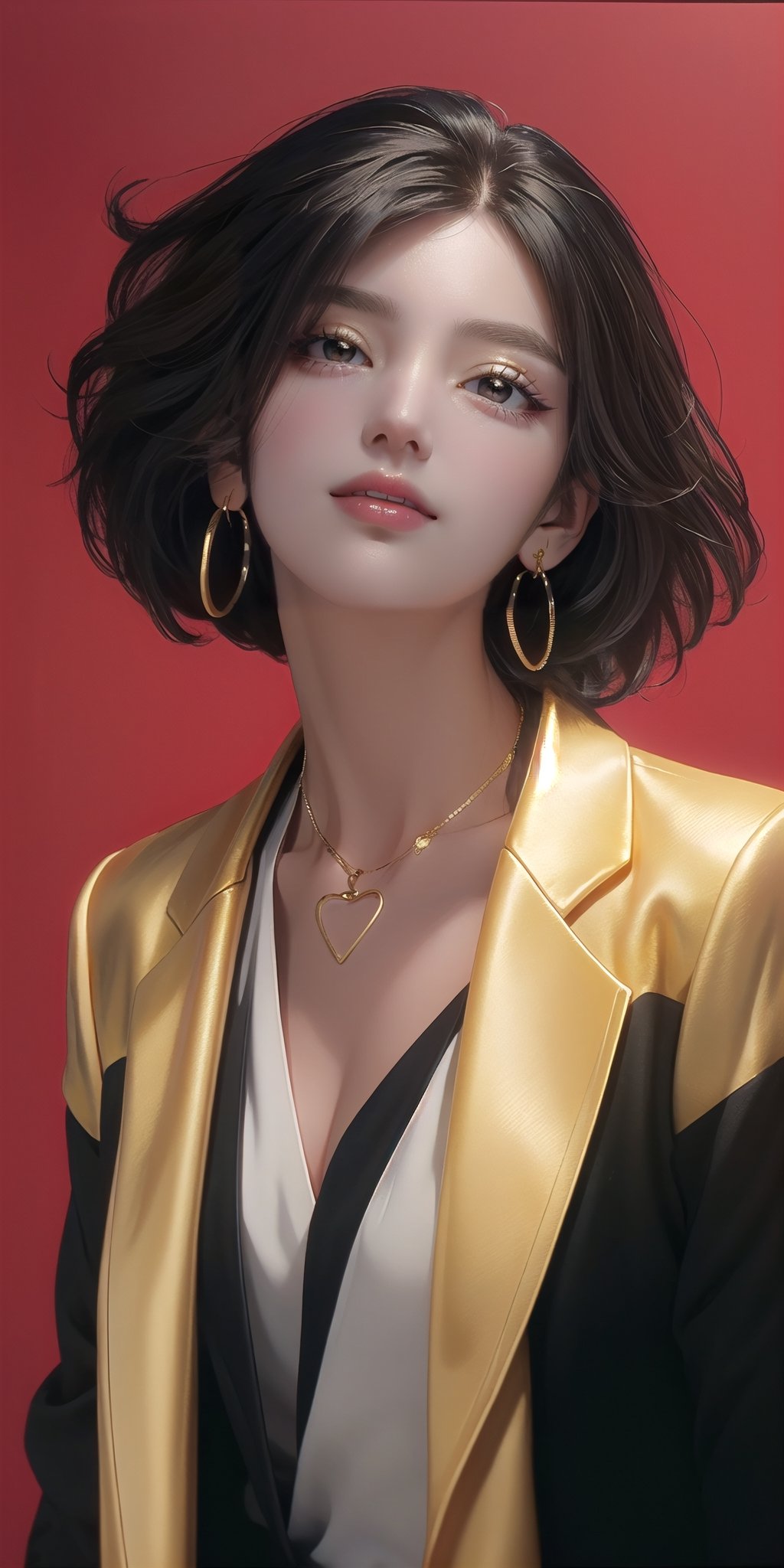 SCORE_9, SCORE_8_UP, SCORE_7_UP, SCORE_6_UP,
BEST QUALITY, HIGHRES, ABSURDRES, 4K, 8K, 64K,
MASTERPIECE, SUPER DETAIL, INTRICATE_DETAILS, PERFECTEYES, 

1girl, solo, (((looking at viewer))), short hair, (((simple background))), brown hair, shirt, black hair, gold jewelry, jacket, white shirt, upper_body, gold earrings, parted lips, white collared shirt, medium hair, gold necklace, (((black jacket))), head tilt, makeup, suit, soft lipstick, (((red background))), soft red lips, front_view, chin_up, paint_(artwork), oil painting, cynical, eye_half_opened,