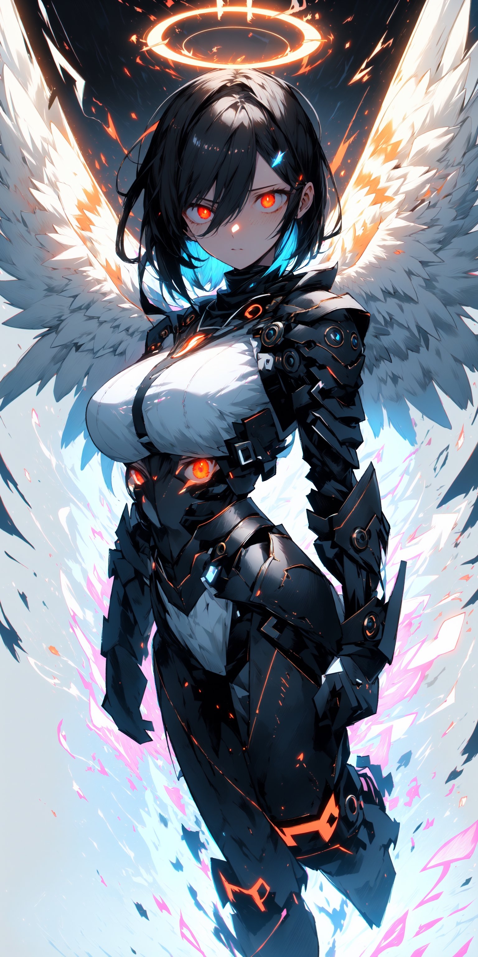 (1girls:1.4), (holy_background:1.4), (simple_background:1.4),

dynamic_angle, tyndall effect, volumetric lighting, looking_at_viewer, full_body, bright_theme, niji, clear_lines

short-hair, black-hair, Pale_skin, big_breasts, sharp_face, multicolored_eye, angelic angel, eyeshadow, eyeliner, Eyelash, from_side, expressive eyes, perfect glowing_eyes, cyberpunk, mecha armor, determined_face, damaged, glowing, aura, energy, beam, white plugsuits, bright exoskeleton suit, tall, halo, holyness, machine wings

(best quality:1.4), (highres:1.4), (high_resolution:1.4), (masterpiece:1.4), sidelighting, super detail, hyper detail, intricate_details, ligne_claire, perpect face,midjourney