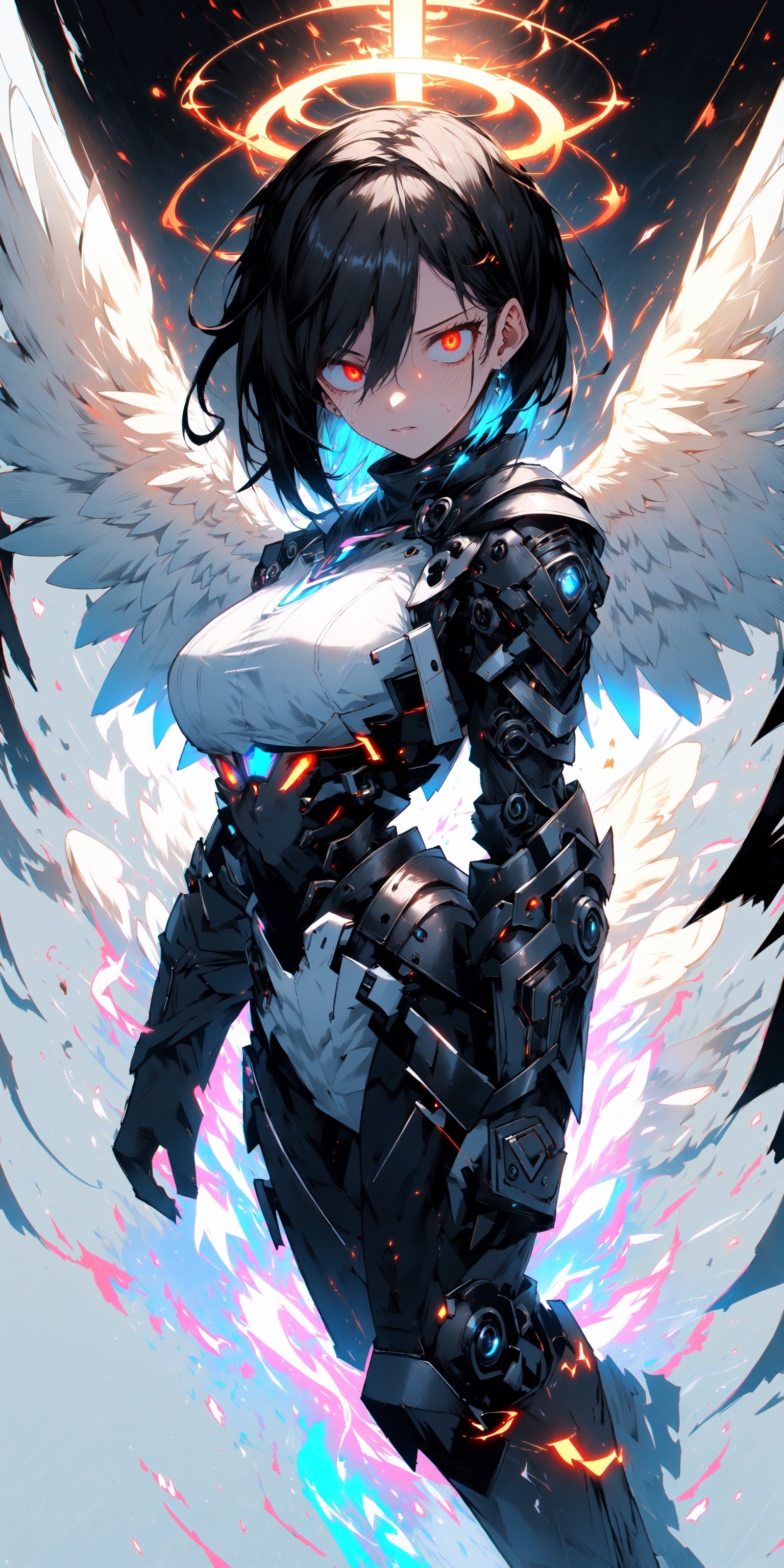 (1girls:1.4), (holy_background:1.4), (simple_background:1.4),

dynamic_angle, tyndall effect, volumetric lighting, looking_at_viewer, full_body, bright_theme, niji, clear_lines

short-hair, black-hair, Pale_skin, big_breasts, sharp_face, multicolored_eye, angelic angel, eyeshadow, eyeliner, Eyelash, from_side, expressive eyes, perfect glowing_eyes, cyberpunk, bright angelic mecha armor, determined_face, damaged, glowing, aura, energy, beam, white plugsuits, bright exoskeleton suit, tall, halo, holyness, machine wings

(best quality:1.4), (highres:1.4), (high_resolution:1.4), (masterpiece:1.4), sidelighting, super detail, hyper detail, intricate_details, ligne_claire, perpect face,midjourney