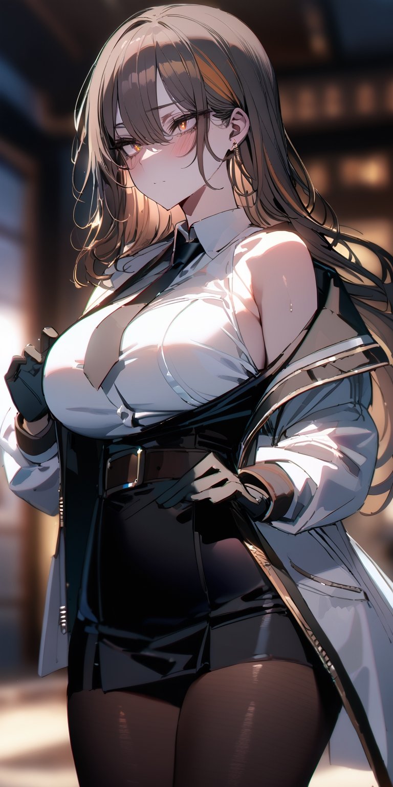 BEST QUALITY, HIGHRES, ABSURDRES, HIGH_RESOLUTION, MASTERPIECE, SUPER DETAIL, HYPER DETAIL, INTRICATE_DETAILS, PERFECTEYES, DARK EYELASHES, EYELINER, SOFT GLOWING EYES, 64K, SCORE_9

1girl, long hair, breasts, blush, bangs, light_brown_eyes, large breasts, shirt, brown hair, gloves, long sleeves, dress, hair between eyes, bare shoulders, jewelry, very long hair, closed mouth, standing, jacket, white shirt, hetero, pantyhose, multicolored hair, earrings, open clothes, black necktie, sleeveless, collared shirt, belt, indoors, black gloves, off shoulder, black dress, blurry, two-tone hair, open jacket, coat, black pantyhose, sleeveless dress, blurry background, short dress, white jacket, breast grab, open coat, necktie, collared dress, white coat, view from away