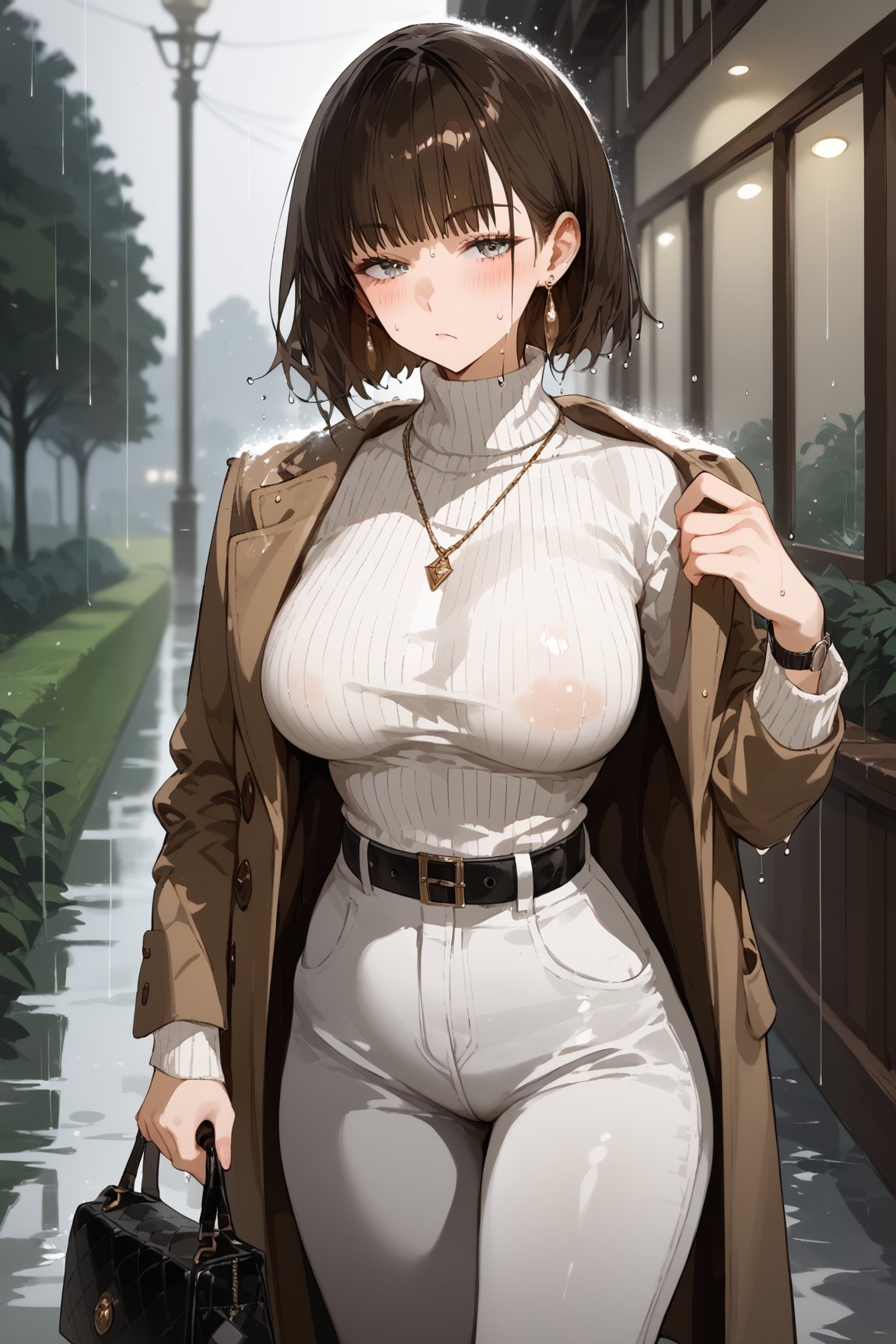 SCORE_9, SCORE_8_UP, SCORE_7_UP, SCORE_6_UP,

MASTERPIECE, BEST QUALITY, HIGH QUALITY, 
HIGHRES, ABSURDRES, PERFECT COMPOSITION,
INTRICATE DETAILS, ULTRA-DETAILED,
PERFECT FACE, PERFECT EYES,
NEWEST, AESTHETIC,

1girl, breasts, black_hair, blurry_background, sweater, rain, short_hair, solo, blurry, large_breasts, blush, outdoors, turtleneck, bangs, pants, blue_eyes, closed_mouth, coat, looking_away, jewelry, handbag, standing, turtleneck_sweater, bag, ribbed_sweater, long_sleeves, eyebrows_visible_through_hair, belt, jacket, huge_breasts, depth_of_field, black_sweater, half-closed_eyes, holding, cowboy_shot, watch, looking_at_viewer, wristwatch, white_pants, earrings, necklace, looking_to_the_side, book, brown_jacket, pout, grey_pants, holding_phone, phone, jacket_on_shoulders, brown_coat, sweat, holding_bag, denim, soaked, wet_clothing, raining, wet, big_hips,