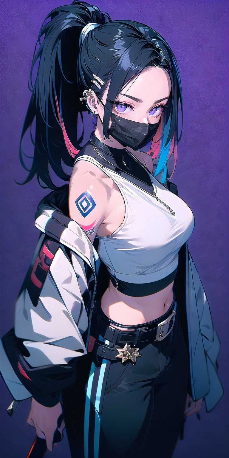 BEST QUALITY, HIGHRES, ABSURDRES, HIGH_RESOLUTION, MASTERPIECE, SUPER DETAIL, HYPER DETAIL, INTRICATE_DETAILS, PERFECTEYES, DARK EYELASHES, EYELINER, SOFT GLOWING EYES, 64K

1girl, solo, long hair, blonde hair, black hair, navel, holding, jewelry, jacket, ponytail, weapon, multicolored hair, cowboy shot, earrings, midriff, belt, pants, sword, holding weapon, crop top, tattoo, thigh strap, mask, holding sword, black pants, piercing, white jacket, katana, sheath, ear piercing, cropped jacket, sheathed, mouth mask, over shoulder, weapon over shoulder, sword over shoulder, neon purple background, simple_background, mature_female,