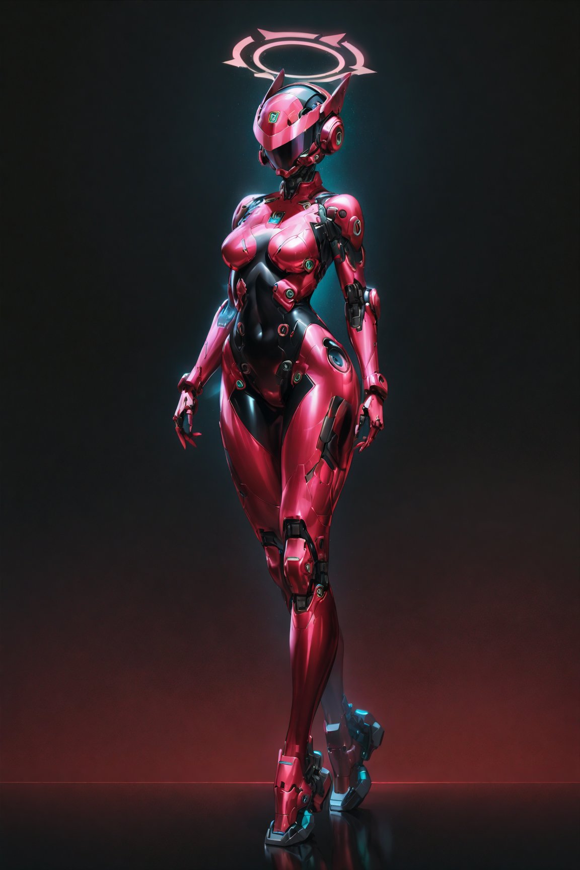 SCORE_9, SCORE_8_UP, SCORE_7_UP, SCORE_6_UP,

BEST QUALITY, HIGHRES, ABSURDRES,
MASTERPIECE, VERY AESTHETIC, 
INTRICATE DETAILS, PERFECTEYES,

1girl, solo, standing, black_background, breasts, helmet, bodysuit, glowing, (full_body:1.4), no_humans, simple_background, medium_breasts, gradient, gradient_background, visor, neon bodysuit, glowing bodysuit, (neon pink bodysuit:0.5), cybernetic helmet, (halo:1.4), gradient bodysuit, cyborg