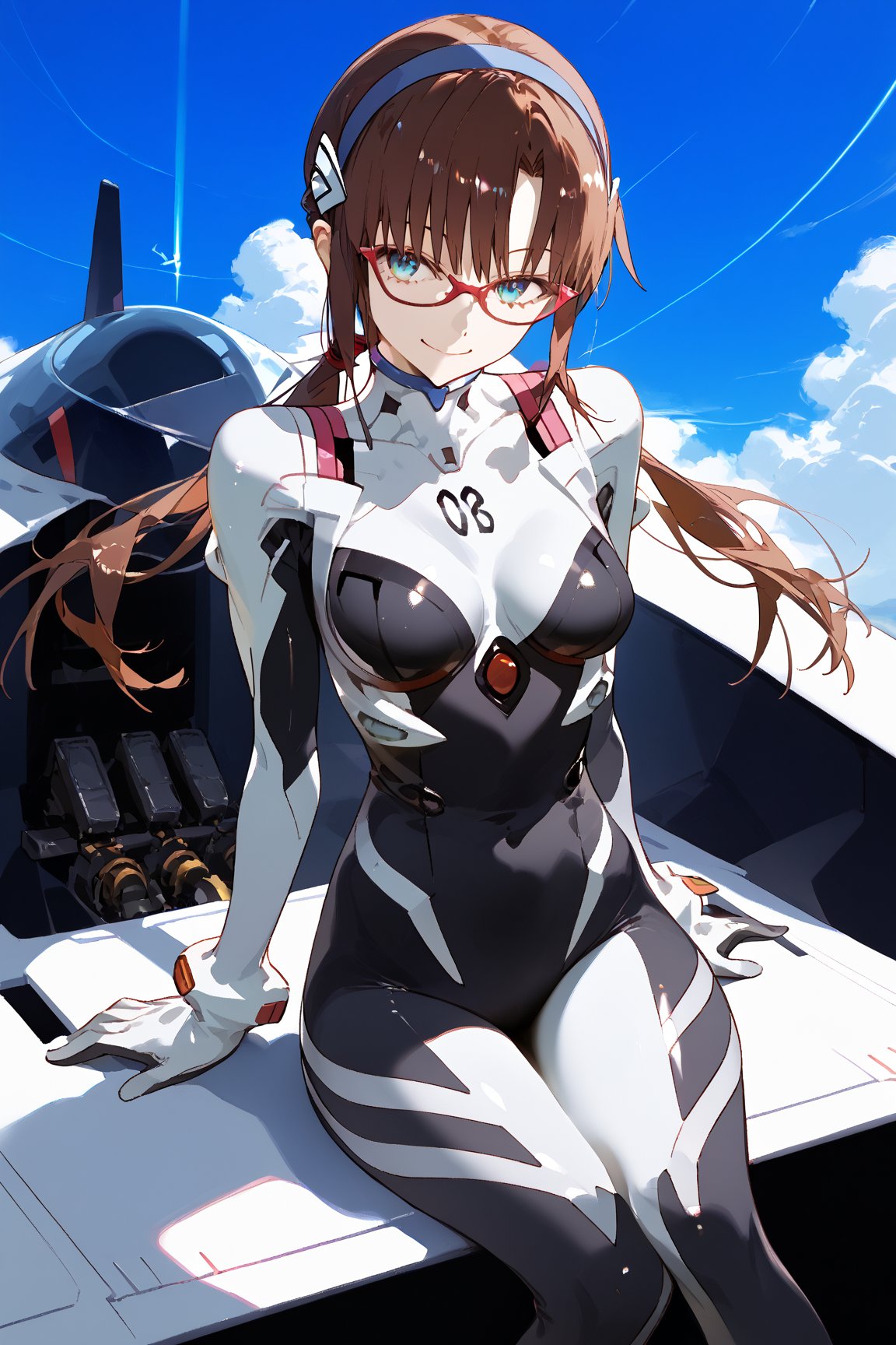 SCORE_9, SCORE_8_UP, SCORE_7_UP, SCORE_6_UP,

MASTERPIECE, BEST QUALITY, HIGH QUALITY, 
HIGHRES, ABSURDRES, PERFECT COMPOSITION,
INTRICATE DETAILS, ULTRA-DETAILED,
PERFECT FACE, PERFECT EYES,
NEWEST, AESTHETIC,

bodysuit, 1girl, glasses, plugsuit, long_hair, makinami_mari_illustrious, solo, sitting, hairband, looking_at_viewer, breasts, smile, bangs, twintails, white_bodysuit, low_twintails, gloves, aqua_eyes, pilot_suit, interface_headset, brown_hair, wariza, blue_eyes, red-framed_eyewear, blue_hairband, number, medium_breasts, large_breasts, shiny_hair, seiza, arm_support, full_body, shiny, skin_tight, mari makinami, black_bodysuit, alternate_costume, (simple_background),