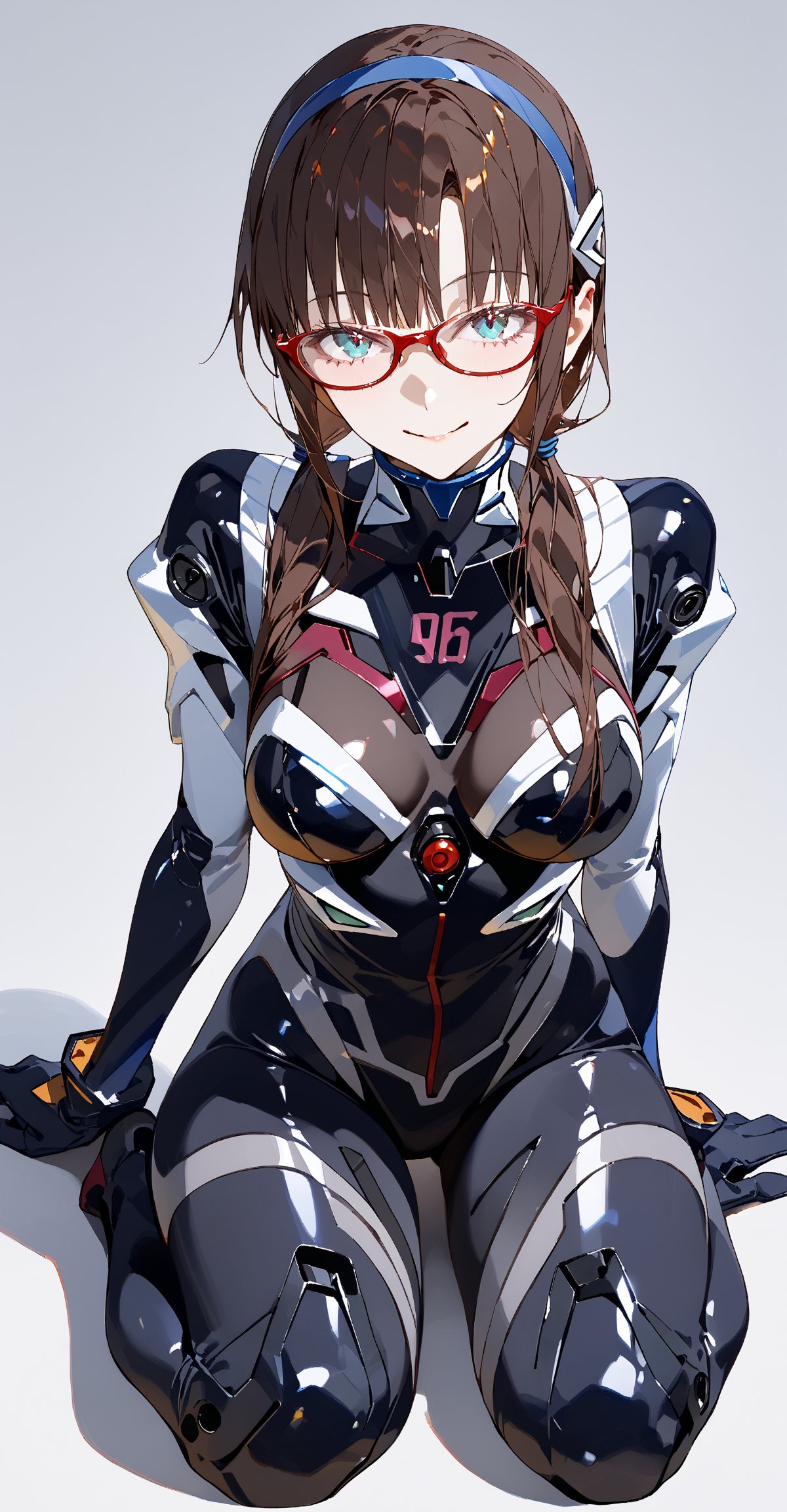 SCORE_9, SCORE_8_UP, SCORE_7_UP, SCORE_6_UP,

MASTERPIECE, BEST QUALITY, HIGH QUALITY, 
HIGHRES, ABSURDRES, PERFECT COMPOSITION,
INTRICATE DETAILS, ULTRA-DETAILED,
PERFECT FACE, PERFECT EYES,
NEWEST, AESTHETIC,

bodysuit, 1girl, glasses, plugsuit, long_hair, makinami_mari_illustrious, solo, sitting, hairband, looking_at_viewer, breasts, smile, bangs, twintails, white_bodysuit, low_twintails, gloves, aqua_eyes, pilot_suit, interface_headset, brown_hair, wariza, blue_eyes, red-framed_eyewear, blue_hairband, number, medium_breasts, large_breasts, shiny_hair, seiza, arm_support, full_body, shiny, skin_tight, mari makinami, ((black_bodysuit)), alternate_costume, (simple_background),