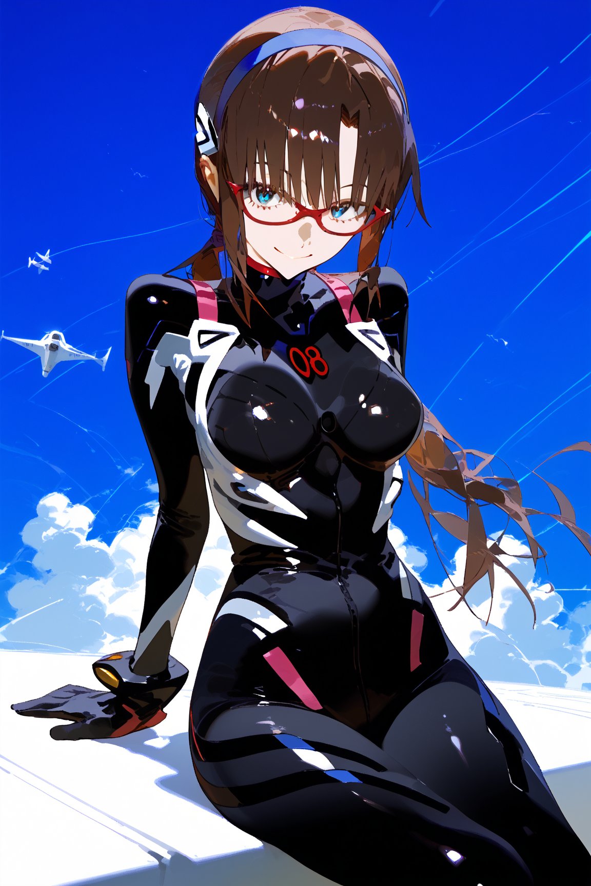 SCORE_9, SCORE_8_UP, SCORE_7_UP, SCORE_6_UP,

MASTERPIECE, BEST QUALITY, HIGH QUALITY, 
HIGHRES, ABSURDRES, PERFECT COMPOSITION,
INTRICATE DETAILS, ULTRA-DETAILED,
PERFECT FACE, PERFECT EYES,
NEWEST, AESTHETIC,

bodysuit, 1girl, glasses, plugsuit, long_hair, makinami_mari_illustrious, solo, sitting, hairband, looking_at_viewer, breasts, smile, bangs, twintails, white_bodysuit, low_twintails, gloves, aqua_eyes, pilot_suit, interface_headset, brown_hair, wariza, blue_eyes, red-framed_eyewear, blue_hairband, number, medium_breasts, large_breasts, shiny_hair, seiza, arm_support, full_body, shiny, skin_tight, mari makinami, ((black_bodysuit)), alternate_costume, (simple_background),