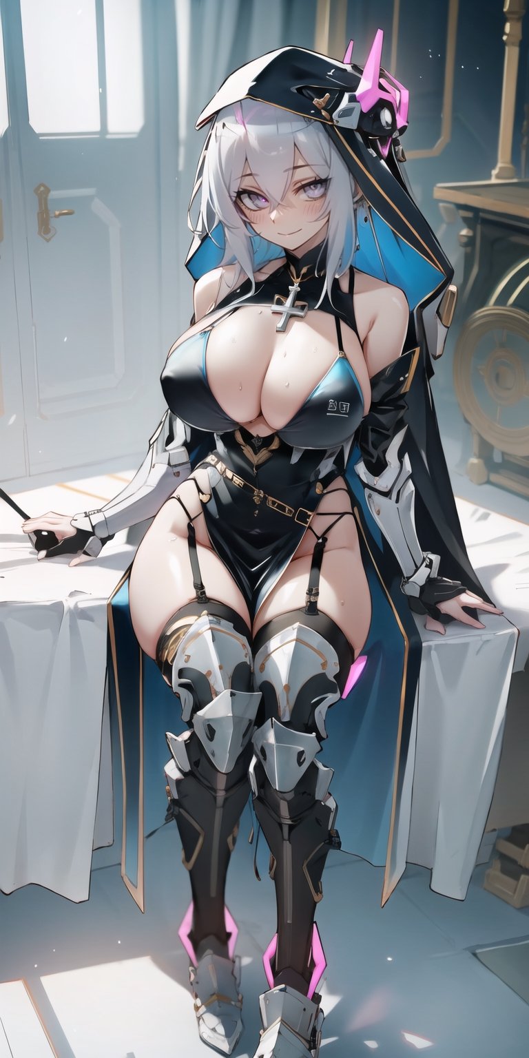 BEST QUALITY, HIGHRES, ABSURDRES, HIGH_RESOLUTION, MASTERPIECE, SUPER DETAIL, HYPER DETAIL, INTRICATE_DETAILS, PERFECTEYES, DARK EYELASHES, EYELINER, SOFT GLOWING EYES, 64K, SCORE_9,

1girl, nun, long_hair, black_hair, habit, breasts, high_heels, thighhighs, sitting, large_breasts, looking_at_viewer, bare_shoulders, black_footwear, pink_hair, smile, detached_sleeves, dress, solo, pink_eyes, black_legwear, cleavage, sleeves_past_wrists, blush, very_long_hair, piercing, long_sleeves, black_dress, closed_mouth, bangs, multicolored_hair, cross, jewelry, full_body, brown_legwear, shoes, garter_straps, purple_eyes, swimsuit, eyebrows_visible_through_hair, fishnets, blue_hair, hair_between_eyes, between_legs, grey_hair, red_eyes, hood, bikini, necklace, sleeves_past_fingers, sleeveless, sketch, pelvic_curtain, see-through, dark theme, backlighting, cinematic, volumetric light,marumoru_style, cyborg, armored boots, breastplate, full armor, gauntlets, gloves, headgear, helmet, mask, cape, cloak, coat, torn clothes, pelvic curtain, scarf, mechanical_legs, augmented_leg,