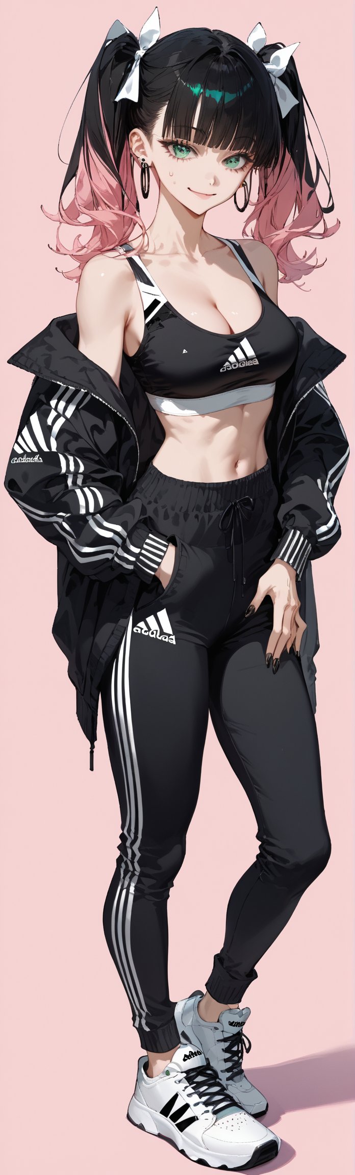 SCORE_9, SCORE_8_UP, SCORE_7_UP, SCORE_6_UP,

MASTERPIECE, BEST QUALITY, HIGH QUALITY, 
HIGHRES, ABSURDRES, PERFECT COMPOSITION,
INTRICATE DETAILS, ULTRA-DETAILED,
PERFECT FACE, PERFECT EYES,
NEWEST, AESTHETIC,

1girl, black_hair, sneakers, jacket, pink_background, pants, black_pants, shoes, bangs, sports_bra, navel, looking_at_viewer, full_body, long_hair, twintails, black_jacket, long_sleeves, simple_background, black_nails, breasts, standing, midriff, smile, collarbone, asymmetrical_bangs, earrings, green_eyes, hair_ribbon, aqua_eyes, adidas, open_clothes, solo, white_footwear, bare_shoulders, closed_mouth, jewelry, nail_polish, multicolored_hair, cleavage, sweatpants, stomach, large_breasts, sportswear, holding