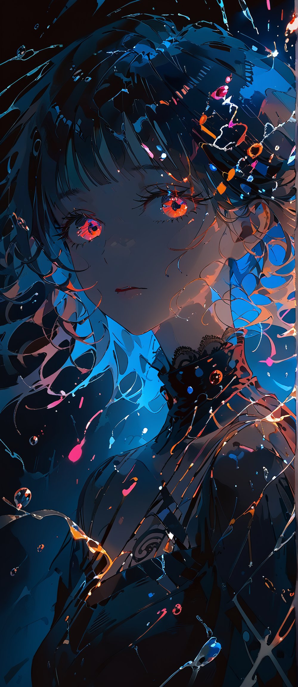 SCORE_9, SCORE_8_UP, SCORE_7_UP, SCORE_6_UP,

MASTERPIECE, BEST QUALITY, HIGH QUALITY, 
HIGHRES, ABSURDRES,
INTRICATE DETAILS, ULTRA-DETAILED,
NEWEST, AESTHETIC,

1girl, solo, bangs, simple background, parted lips, blue background, portrait, colorful, color art, color chaos, Color Splash, ((((neon)))), backlight, luminol, glowneon, sparks, lightning, glowing, glowing_eyes,