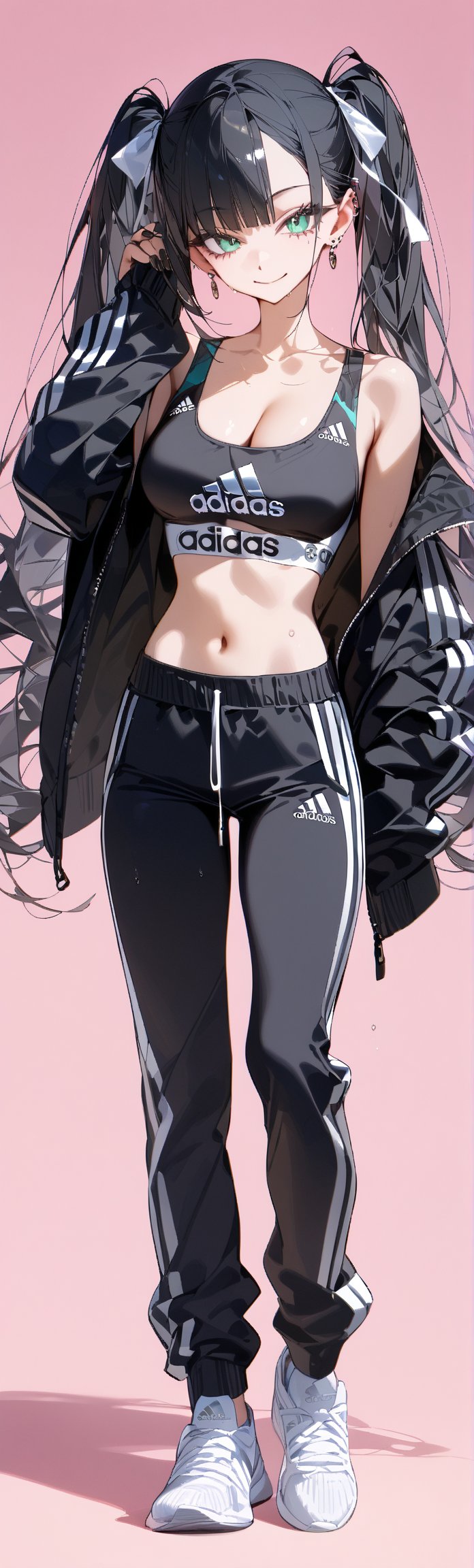 SCORE_9, SCORE_8_UP, SCORE_7_UP, SCORE_6_UP,

MASTERPIECE, BEST QUALITY, HIGH QUALITY, 
HIGHRES, ABSURDRES, PERFECT COMPOSITION,
INTRICATE DETAILS, ULTRA-DETAILED,
PERFECT FACE, PERFECT EYES,
NEWEST, AESTHETIC,

1girl, black_hair, sneakers, jacket, pink_background, pants, black_pants, shoes, bangs, sports_bra, navel, looking_at_viewer, full_body, long_hair, twintails, black_jacket, long_sleeves, simple_background, black_nails, breasts, standing, midriff, smile, collarbone, asymmetrical_bangs, earrings, green_eyes, hair_ribbon, aqua_eyes, adidas, open_clothes, solo, white_footwear, bare_shoulders, closed_mouth, jewelry, nail_polish, multicolored_hair, cleavage, sweatpants, stomach, large_breasts, sportswear, holding