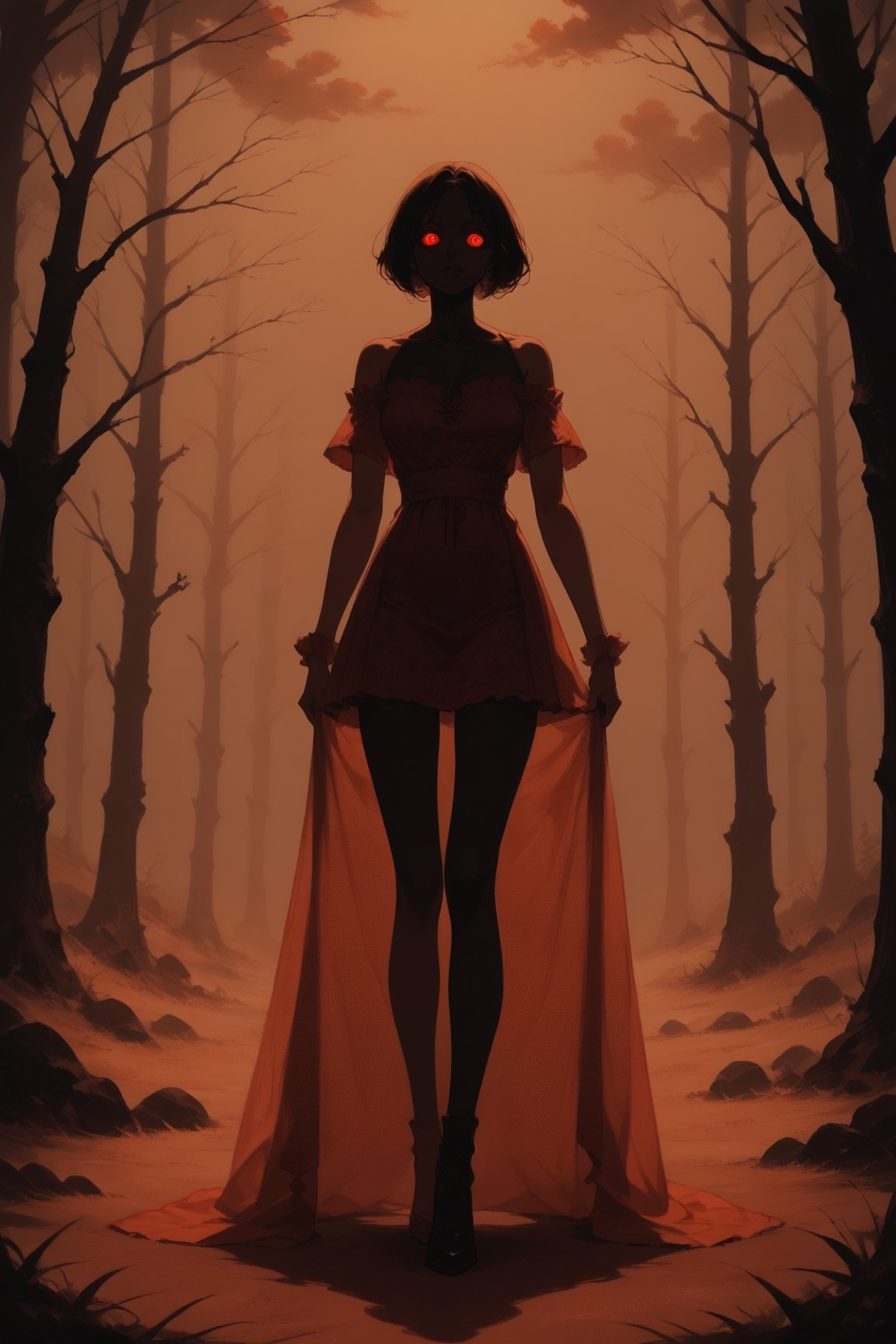 SCORE_9, SCORE_8_UP, SCORE_7_UP, SCORE_6_UP,

BEST QUALITY, HIGHRES, ABSURDRES,
MASTERPIECE, VERY AESTHETIC, 
INTRICATE DETAILS, PERFECTEYES,

(red theme:1.2), horror theme, forest background,
1girl, (silhouette:1.4), backlighting, glowing eyes, mini_dress,
facing_viewer, full_body, shadows, ,score_9