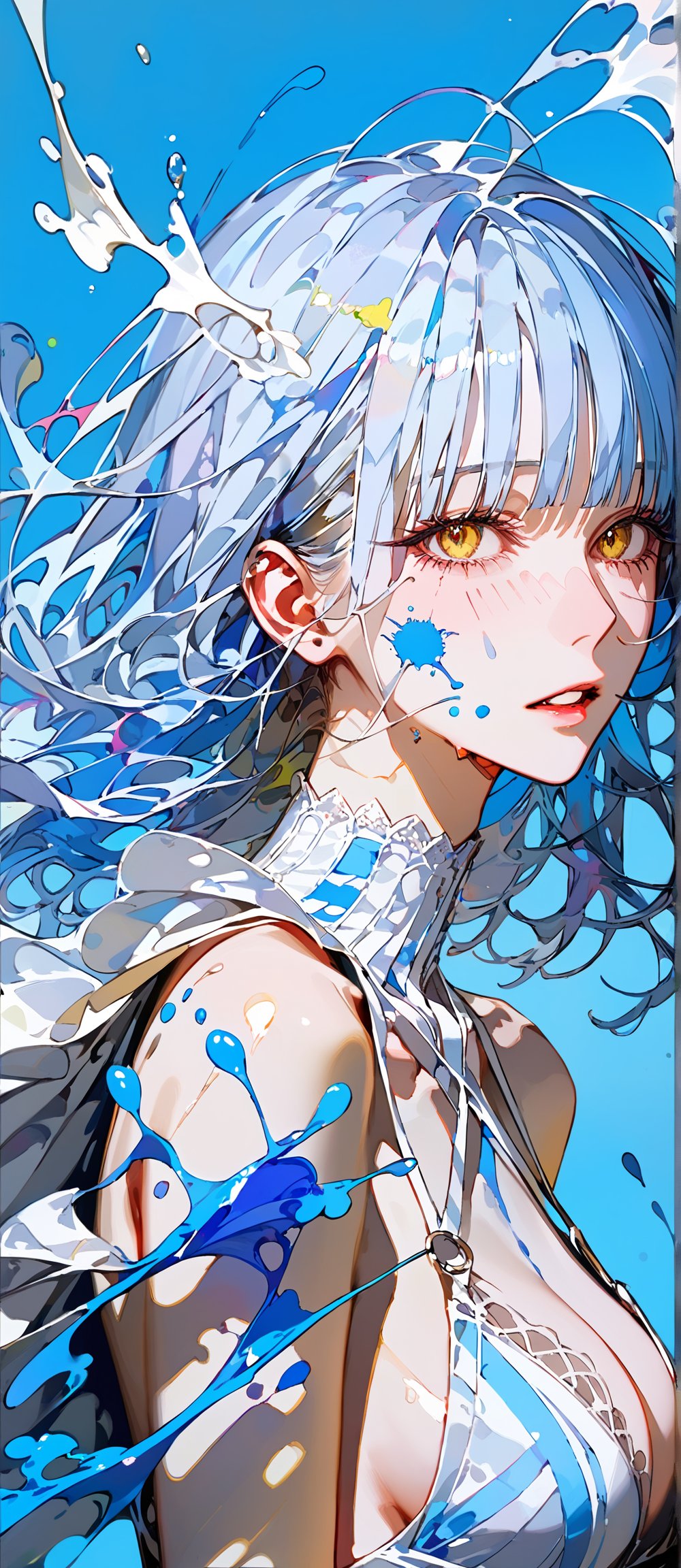 SCORE_9, SCORE_8_UP, SCORE_7_UP, SCORE_6_UP,

MASTERPIECE, BEST QUALITY, HIGH QUALITY, 
HIGHRES, ABSURDRES,
INTRICATE DETAILS, ULTRA-DETAILED,
NEWEST, AESTHETIC,

1girl, solo, bangs, simple background, parted lips, blue background, portrait, colorful, color art, color chaos, Color Splash