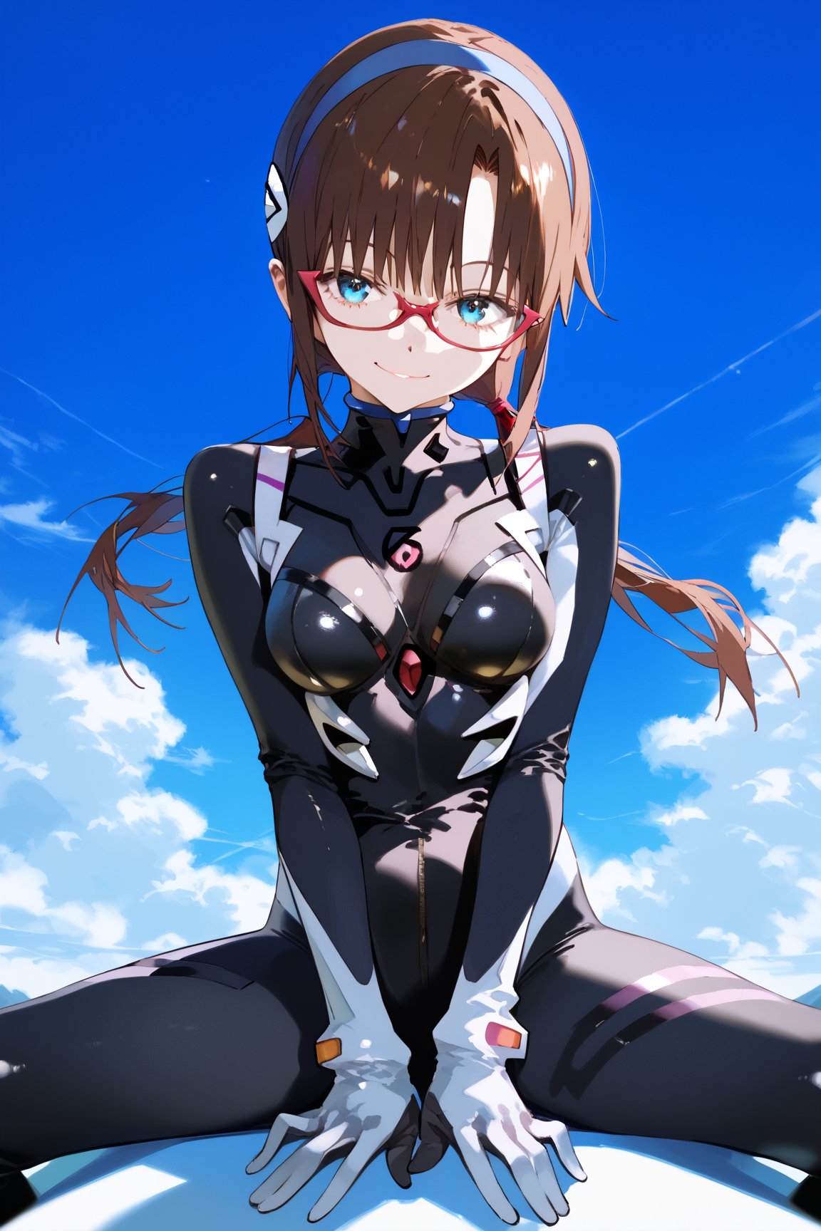 SCORE_9, SCORE_8_UP, SCORE_7_UP, SCORE_6_UP,

MASTERPIECE, BEST QUALITY, HIGH QUALITY, 
HIGHRES, ABSURDRES, PERFECT COMPOSITION,
INTRICATE DETAILS, ULTRA-DETAILED,
PERFECT FACE, PERFECT EYES,
NEWEST, AESTHETIC,

bodysuit, 1girl, glasses, plugsuit, long_hair, makinami_mari_illustrious, solo, sitting, hairband, looking_at_viewer, breasts, smile, bangs, twintails, white_bodysuit, low_twintails, gloves, aqua_eyes, pilot_suit, interface_headset, brown_hair, wariza, blue_eyes, red-framed_eyewear, blue_hairband, number, medium_breasts, large_breasts, shiny_hair, seiza, arm_support, full_body, shiny, skin_tight, mari makinami, ((black_bodysuit)), alternate_costume, (simple_background),