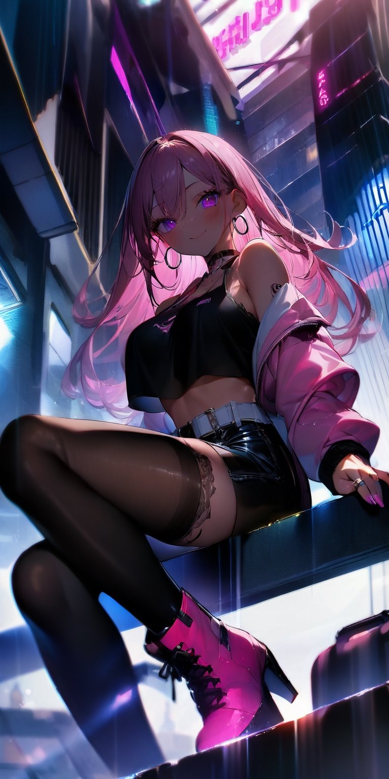 BEST QUALITY, HIGHRES, ABSURDRES, HIGH_RESOLUTION, MASTERPIECE, SUPER DETAIL, HYPER DETAIL, INTRICATE_DETAILS, PERFECTEYES, DARK EYELASHES, EYELINER, SOFT GLOWING EYES, 64K, SCORE_9,

1girl, long_hair, jacket, pink_hair, midriff, crop_top, solo, looking_at_viewer, shoes, building, sitting, belt, weapon, black_shirt, shorts, hood, smile, nail_polish, long_sleeves, boots, black_shorts, choker, full_body, holding, bare_shoulders, jewelry, backlighting, sneakers, shirt, navel, pantyhose, breasts, pink_footwear, black_legwear, pink_jacket, off_shoulder, outdoors, skyscraper, open_jacket, hair_between_eyes, pink_eyes, from_below, open_clothes, night, pants, closed_mouth, stairs, pink_nails, sword, multicolored_hair, earrings, bangs, neon_lights, virtual_youtuber, lace-up_boots, city, window, black_pants, hat, medium_breasts, black_footwear, holding_weapon, collarbone, hood_up, sleeveless_shirt, indoors, railing, stomach, sleeveless, white_jacket, short_shorts, black_jacket, thighhighs, blush, cityscape, chain, cross-laced_footwear, long_legs, blurry, eyebrows_visible_through_hair, crossed_legs, black_skirt, skirt, ground_vehicle, puffy_sleeves, crop_top_overhang, sidelocks, high_heels, day, leaning_back, sleeves_past_wrists, rain, mole, black_choker, large_breasts, bag, hoop_earrings, shadow, white_belt, purple_eyes, ring, depth_of_field, darker, english-text legwear, glow_in_the_dark, glow, Tattoo, tattoos, tattooed, big_breasts, mature_female,score_9