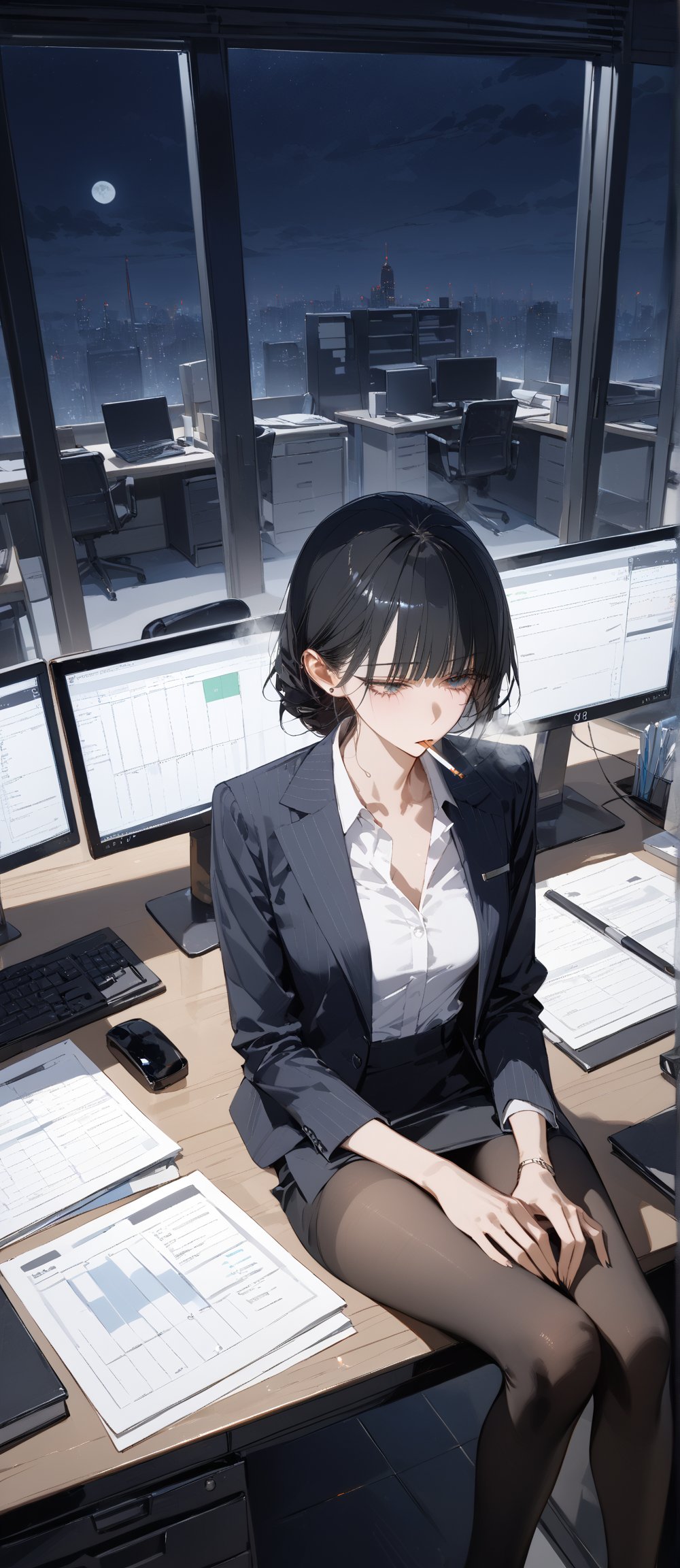 SCORE_9, SCORE_8_UP, SCORE_7_UP, SCORE_6_UP,

MASTERPIECE, BEST QUALITY, HIGH QUALITY, 
HIGHRES, ABSURDRES,
INTRICATE DETAILS, ULTRA-DETAILED,
NEWEST, AESTHETIC,

female office worker, in an office, sitting at a desk, working, smoking a cigarette, 
Looking exhausted, (((at night))), only light source is the faint glow from a monitor, 
office_lady, black_pantyhose, very dark environments, dynamic screen angles