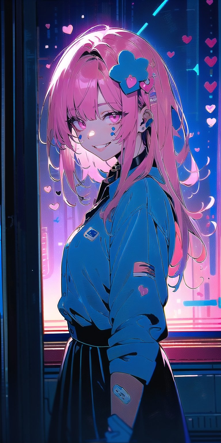 BEST QUALITY, HIGHRES, ABSURDRES, HIGH_RESOLUTION, MASTERPIECE, SUPER DETAIL, HYPER DETAIL, INTRICATE_DETAILS, LIGNE_CLAIRE, PERFECTEYES, DARK EYELASHES, EYELINER, SOFT GLOWING EYES,

1girl, solo, long hair, looking at viewer, smile, bangs, hair ornament, pink hair, heart, choker, pink eyes, grin, collar, english text, bandaid, heart hair ornament, bandaid on face, colorful, sticker, neon lights, blacklight, collared shirt, rolled up sleeve, business skirt, full_body, view from away,