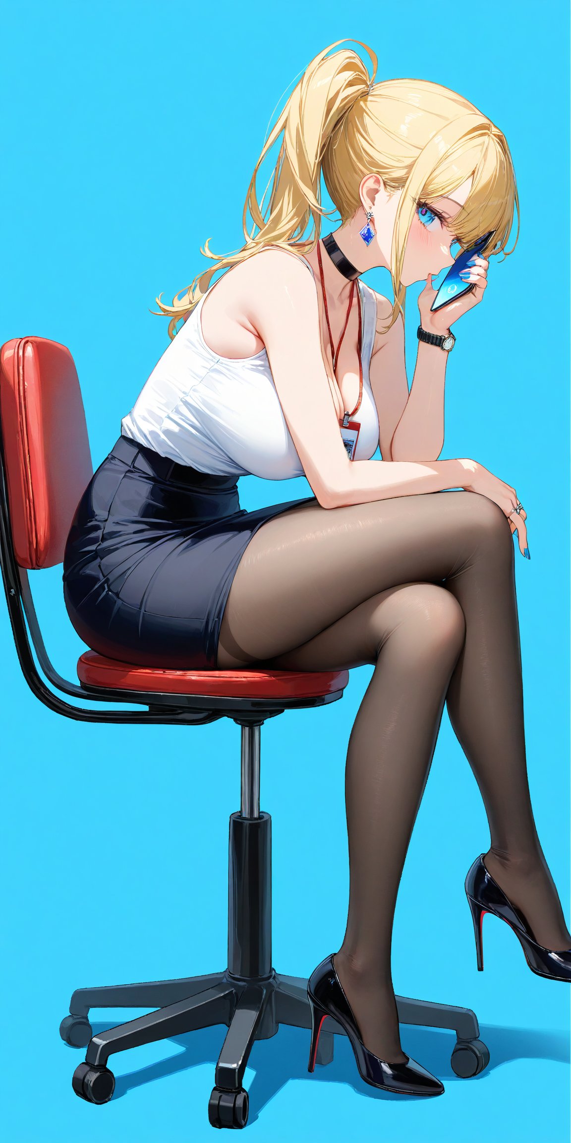 SCORE_9, SCORE_8_UP, SCORE_7_UP, SCORE_6_UP,

MASTERPIECE, BEST QUALITY, HIGH QUALITY, 
HIGHRES, ABSURDRES, PERFECT COMPOSITION,
INTRICATE DETAILS, ULTRA-DETAILED,
PERFECT FACE, PERFECT EYES,
NEWEST, 

high_heels, 1girl, breasts, rating:safe, blonde_hair, sitting, pantyhose, skirt, earrings, phone, nail_polish, large_breasts, pencil_skirt, blue_eyes, blush, cellphone, shirt, jewelry, black_footwear, long_hair, solo, crossed_legs, sleeveless_t-shirt, bangs, bare_shoulders, office_chair, black_legwear, ponytail, chair, cleavage, blue_nails, black_skirt, sleeveless, miniskirt, holding, white_t-shirt, sidelocks, (((blue_background))), side_ponytail, shoe_dangle, id_card, pink_nails, smartphone, red_nails, watch, choker, fingernails, holding_phone, legs, feet, simple_background, profile, lanyard, from_side, looking_at_viewer, stool, shoes, handbag, full_body, eyebrows_visible_through_hair, wristwatch, ring, between_breasts, thighs, shirt_tucked_in, viewed_from_side, side_view,