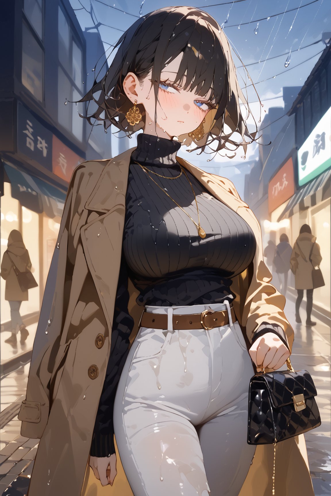 SCORE_9, SCORE_8_UP, SCORE_7_UP, SCORE_6_UP,

MASTERPIECE, BEST QUALITY, HIGH QUALITY, 
HIGHRES, ABSURDRES, PERFECT COMPOSITION,
INTRICATE DETAILS, ULTRA-DETAILED,
PERFECT FACE, PERFECT EYES,
NEWEST, AESTHETIC,

1girl, breasts, black_hair, blurry_background, sweater, rain, short_hair, solo, blurry, large_breasts, blush, outdoors, turtleneck, bangs, pants, blue_eyes, closed_mouth, coat, looking_away, jewelry, handbag, standing, turtleneck_sweater, bag, ribbed_sweater, long_sleeves, eyebrows_visible_through_hair, belt, jacket, huge_breasts, depth_of_field, black_sweater, half-closed_eyes, holding, cowboy_shot, watch, looking_at_viewer, wristwatch, white_pants, earrings, necklace, looking_to_the_side, book, brown_jacket, pout, grey_pants, holding_phone, phone, jacket_on_shoulders, brown_coat, sweat, holding_bag, denim, soaked, wet_clothing, raining, wet, big_hips,