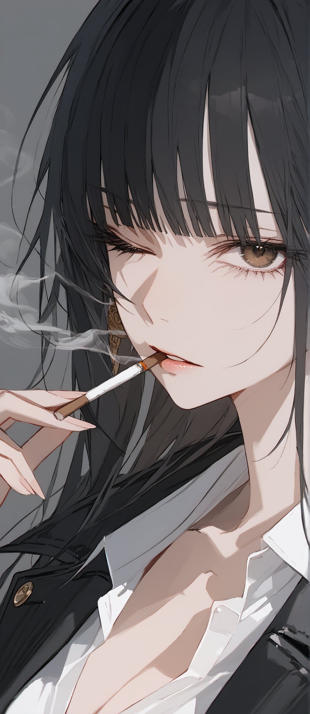 SCORE_9, SCORE_8_UP, SCORE_7_UP, SCORE_6_UP,

MASTERPIECE, BEST QUALITY, HIGH QUALITY, 
HIGHRES, ABSURDRES,
INTRICATE DETAILS, ULTRA-DETAILED,
NEWEST, AESTHETIC,

1girl, long_hair, earrings, black_hair, white_shirt, shirt, black_jacket, jewelry, cigarette, solo, jacket, smoking, mouth_hold, smoke, lips, belt, grey_background, jacket_on_shoulders, upper_body, collarbone, looking_at_viewer, pants, one_eye_closed, standing, parted_lips, brown_eyes, open_clothes, black_coat, bangs, black_eyes, breasts, cleavage, from_below,