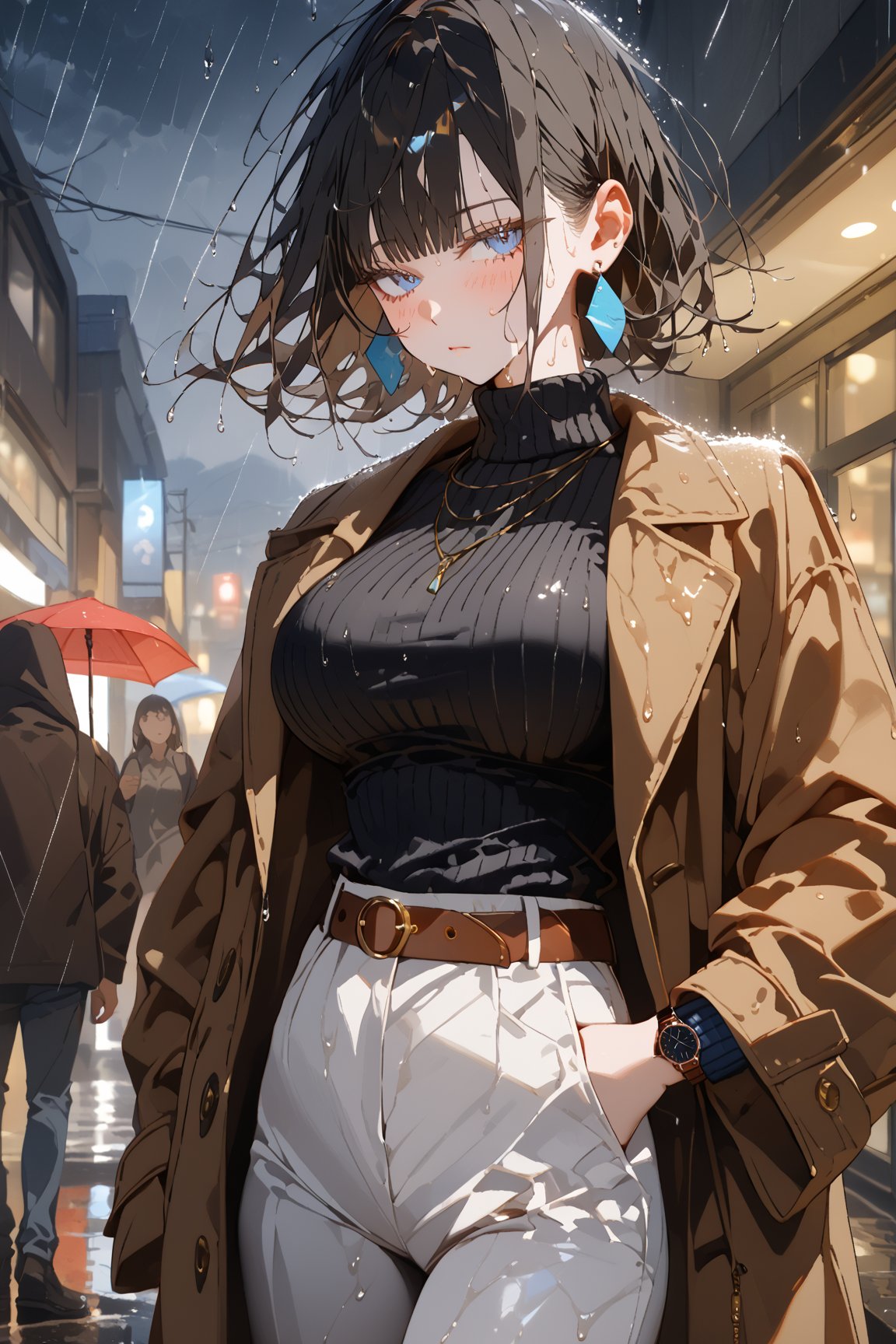 SCORE_9, SCORE_8_UP, SCORE_7_UP, SCORE_6_UP,

MASTERPIECE, BEST QUALITY, HIGH QUALITY, 
HIGHRES, ABSURDRES, PERFECT COMPOSITION,
INTRICATE DETAILS, ULTRA-DETAILED,
PERFECT FACE, PERFECT EYES,
NEWEST, AESTHETIC,

1girl, breasts, black_hair, blurry_background, sweater, rain, short_hair, solo, blurry, large_breasts, blush, outdoors, turtleneck, bangs, pants, blue_eyes, closed_mouth, coat, looking_away, jewelry, handbag, standing, turtleneck_sweater, bag, ribbed_sweater, long_sleeves, eyebrows_visible_through_hair, belt, jacket, huge_breasts, depth_of_field, black_sweater, half-closed_eyes, holding, cowboy_shot, watch, looking_at_viewer, wristwatch, white_pants, earrings, necklace, looking_to_the_side, book, brown_jacket, pout, grey_pants, holding_phone, phone, jacket_on_shoulders, brown_coat, sweat, holding_bag, denim, soaked, wet_clothing, raining, wet,